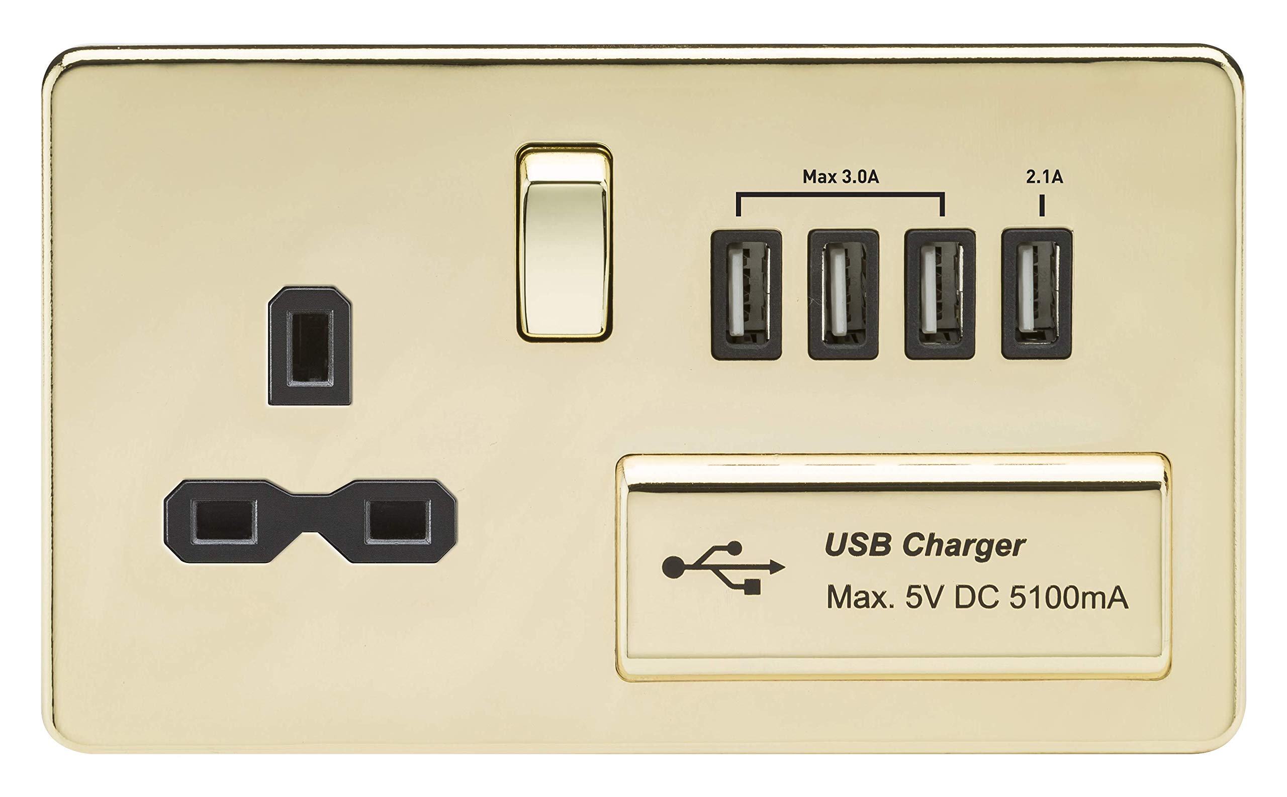 Knightsbridge Polished Brass Sfr7usb4pb Screwless 1G 13A Switched Socket With Quad Usb Charger 5V Dc 5.1A- With Black Insert