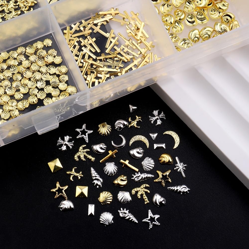 1 scatola oro argento ciondoli per unghie 3D in lega fiore gemme per unghie in metallo luna stella gioielli per unghie multi-forme oceano spiaggia stella marina conchiglia forniture per nail art con