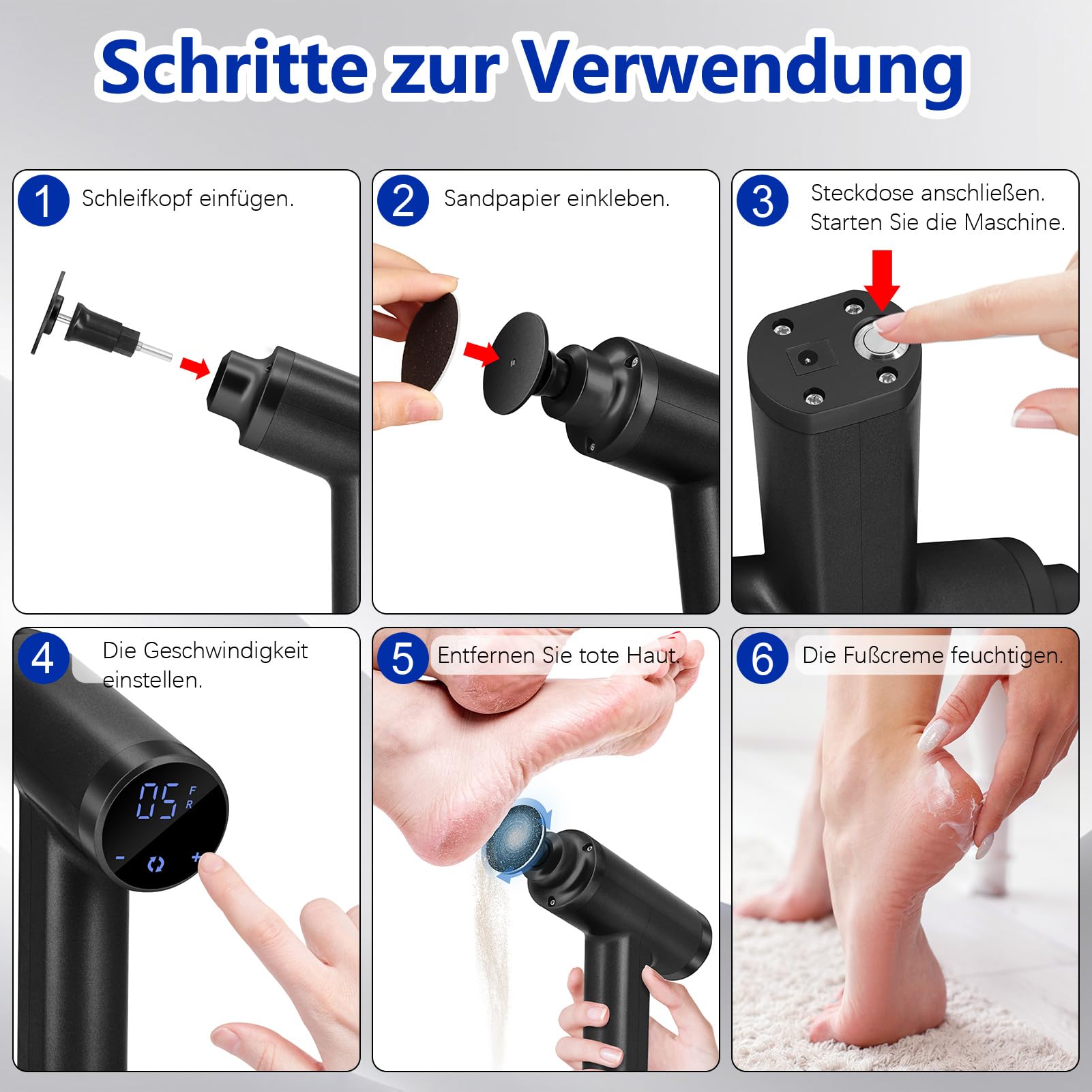 Elektrischer Hornhautentferner 4500rpm Einstellbare Geschwindigkeit Professionell Hornhautentferner Elektrisch Hornhaut Entfernen Pediküre Elektrische Fußfeile, Schwarz FCR-3