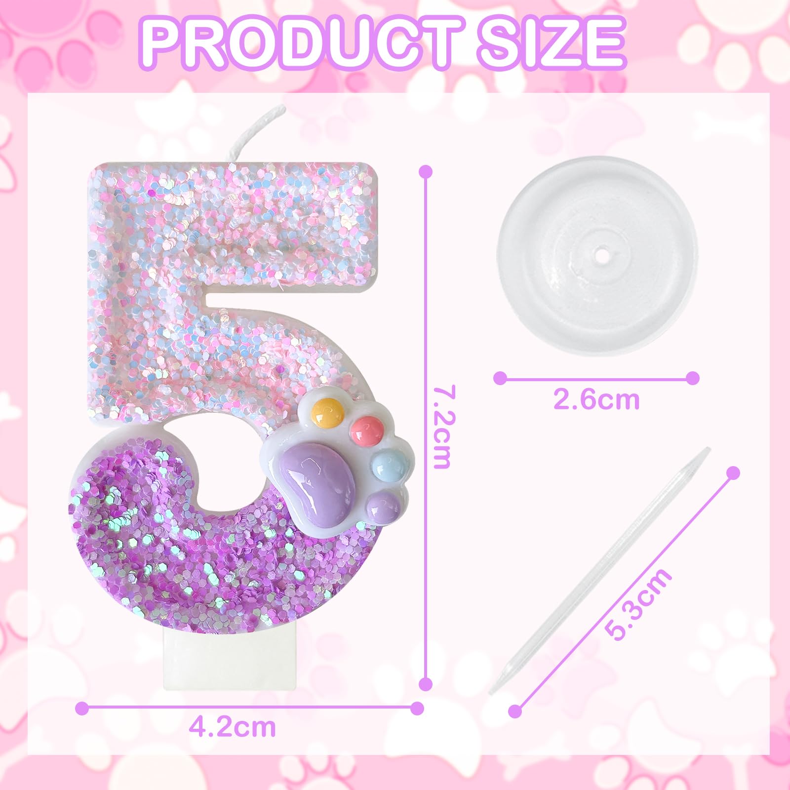 Panouo Pink Cat and Dog Paw Birthday Number Candles, Cupcake Decorations, Dog Theme Candles, Suitable for Party Celebrations, Birthday Decoration Supplies (Number 5)