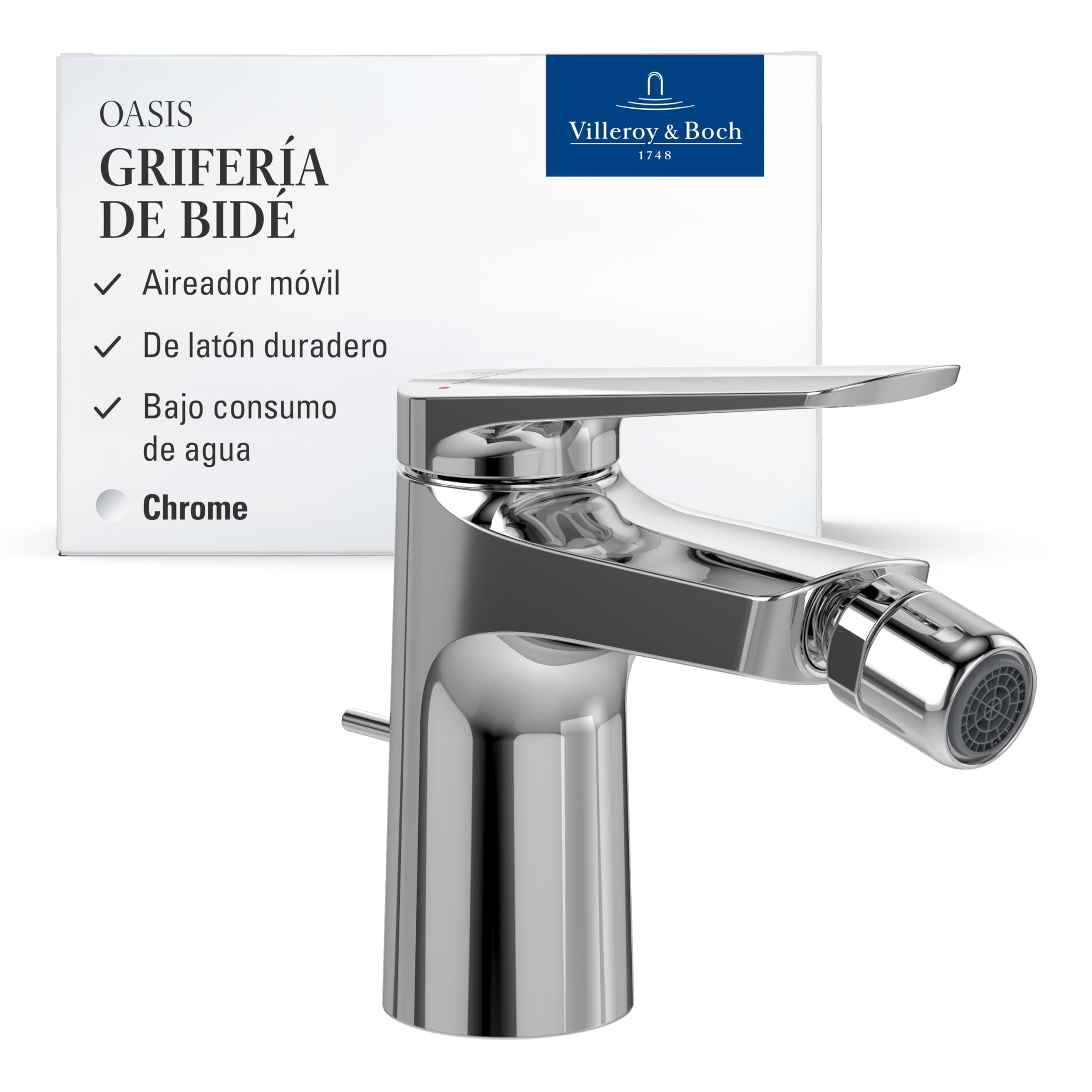 Villeroy & Boch Oasis grifo monomando para bidé - Grifería de bidet con varilla y cartucho cerámico - Mezclador de bajo consumo - Regulador móvil - Altura de caño de 73 mm - Cromado
