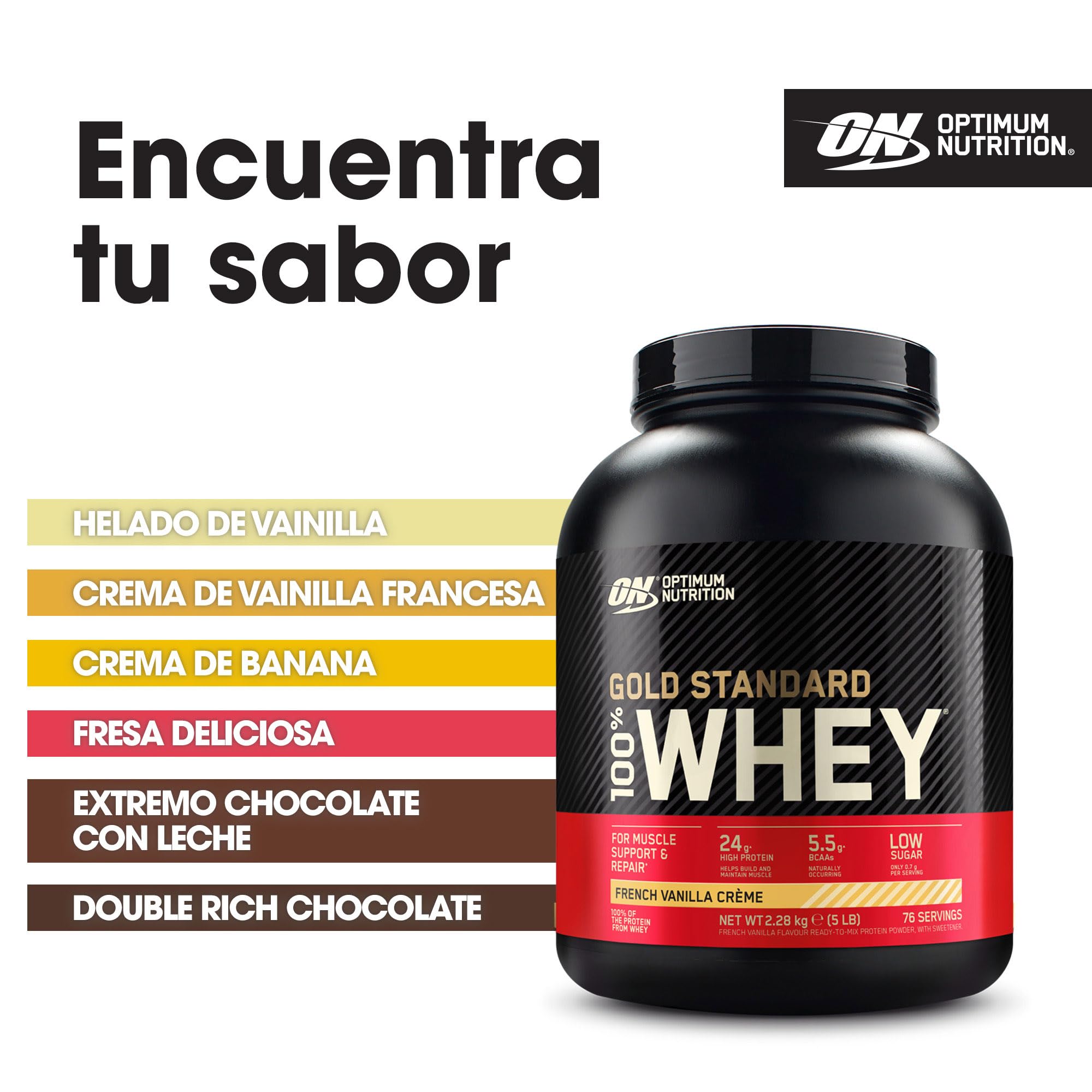 Optimum Nutrition Gold Standard 100% Whey, Proteína, Sabor Crema de Vainilla Francesa, 2.28kg, 76 Servicios, Paquete Puede Variar