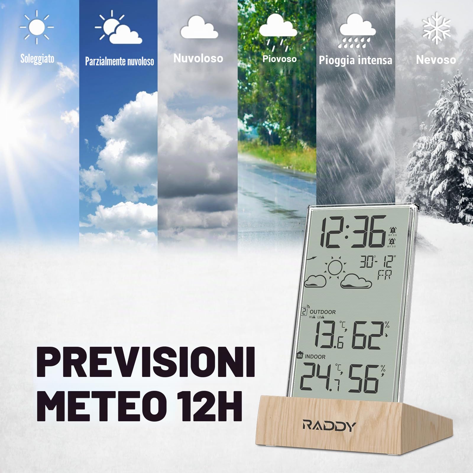 Raddy V5 Stazione meteorologica wireless,Termometro & Igrometro interno/esterno, LCD 5" Temperatura & Umidità, Previsioni meteo & sensore remoto, Cornice in acrilico trasparente