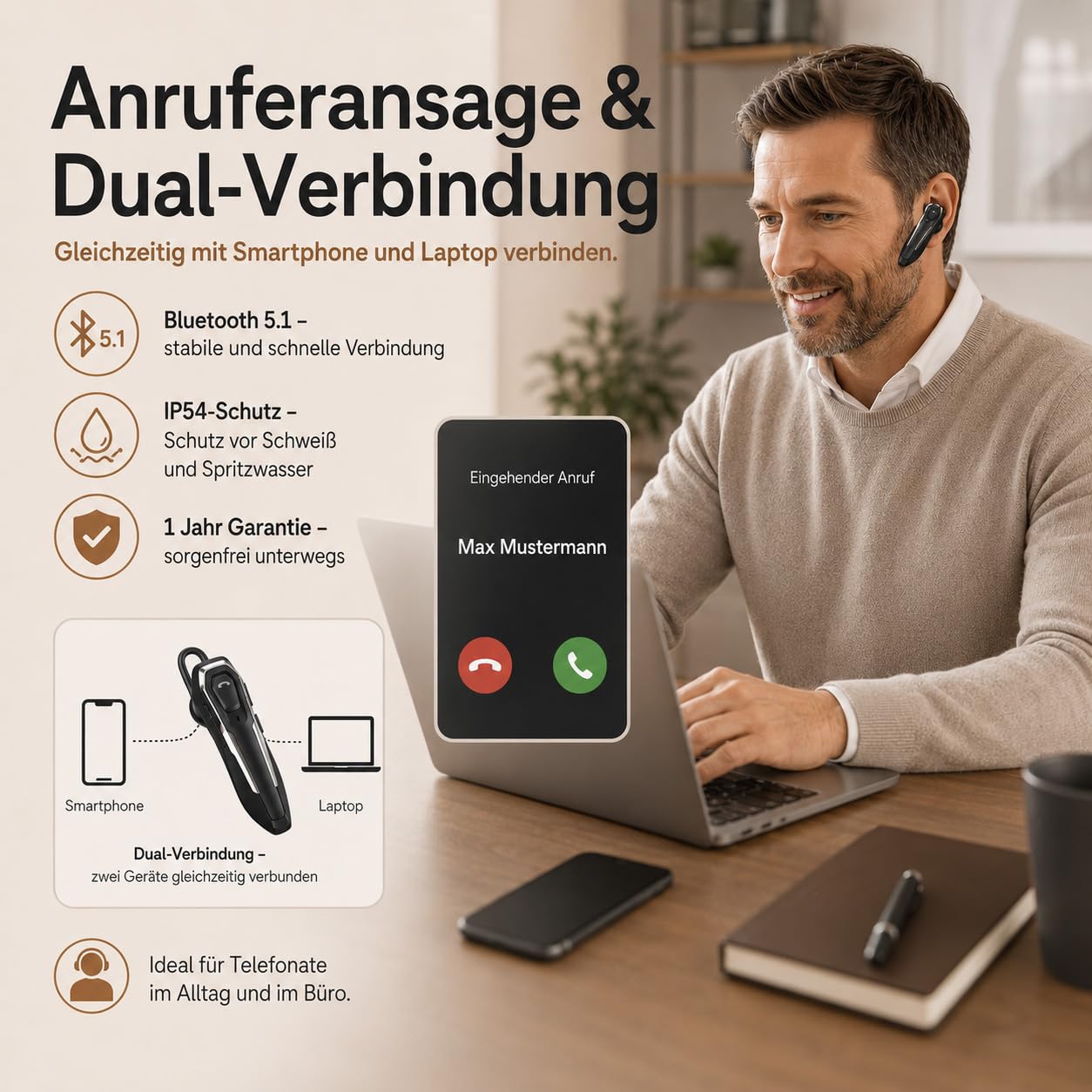 Micool Auricolare Singolo Bluetooth 5.0, con cancellazione del rumore, Auricolari Bluetooth mono vivavoce 30 ore di conversazione, Cuffie wireless Bluetooth per camionisti/magazzini
