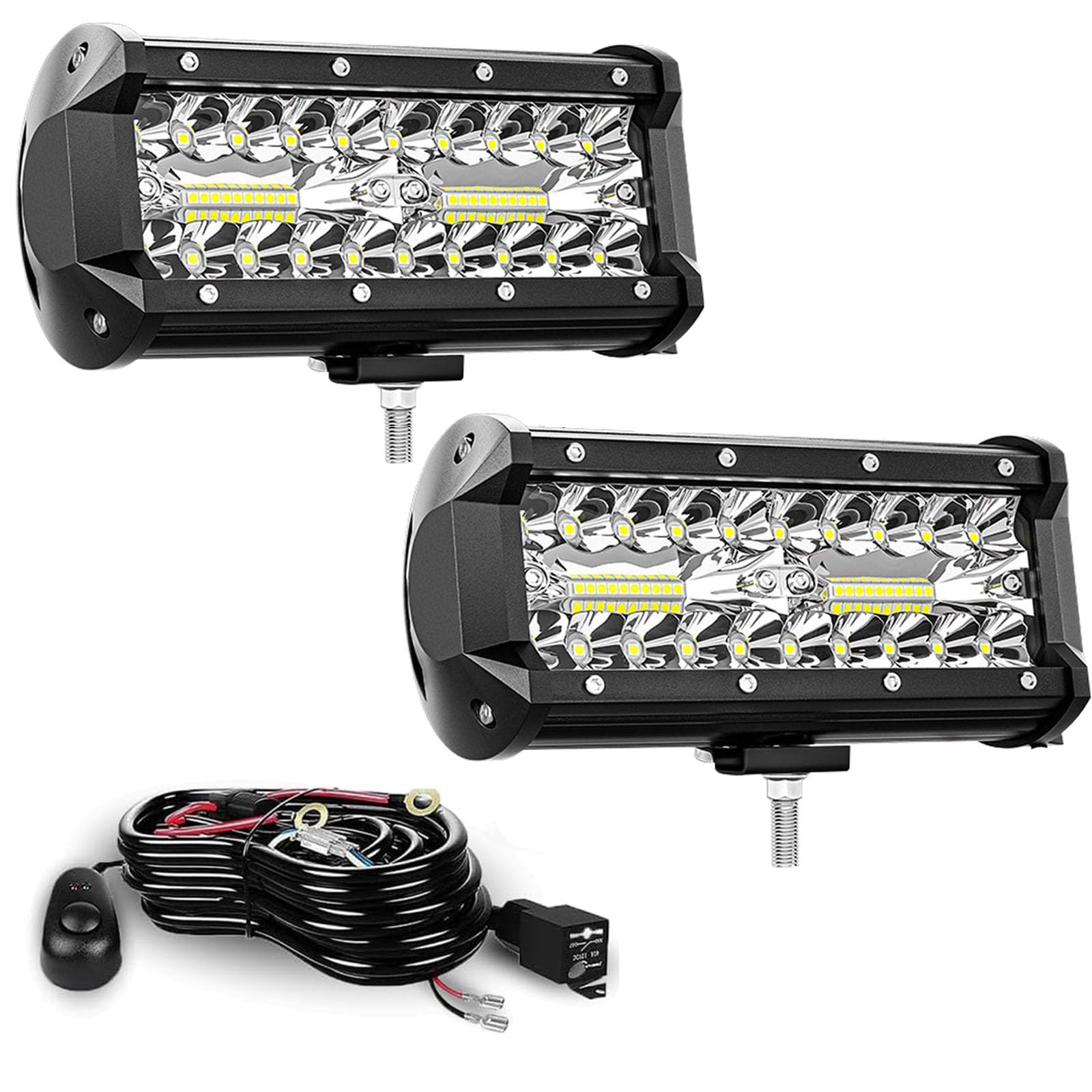 7Inch LED Light Bar,120W 12,000LM LED Light Pod Spot Flood Work Lights Off-Road Fog/Driving Lights with 2 Leads Wiring Harness,Waterproof for UTV ATV Truck Boat