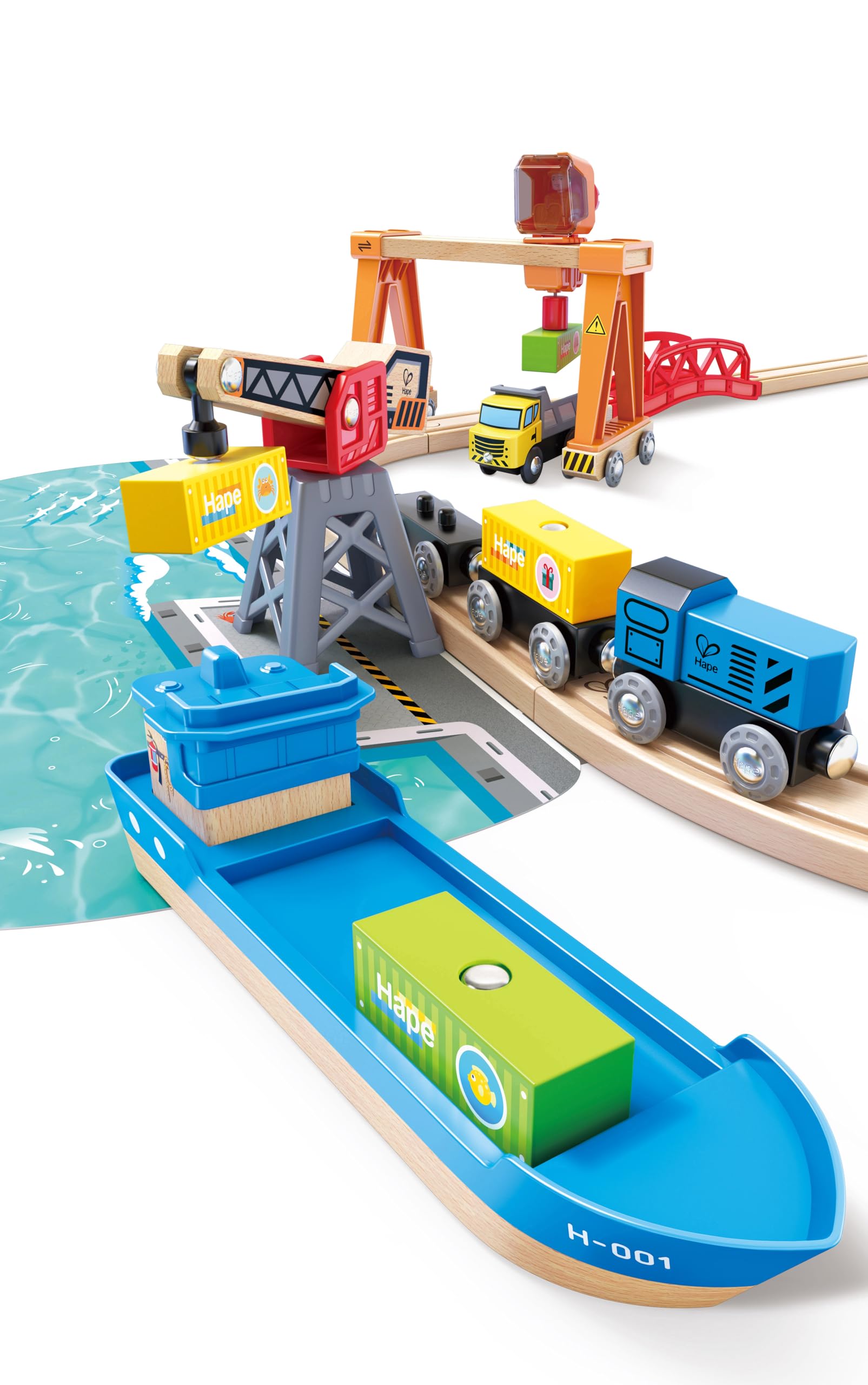 Hape Eisenbahn Set XXL, Zug Starter Set mit großem Schienen Ausbau, Zubehör & Lok Erweiterung, Holzeisenbahn Komplettset ab 3 Jahren