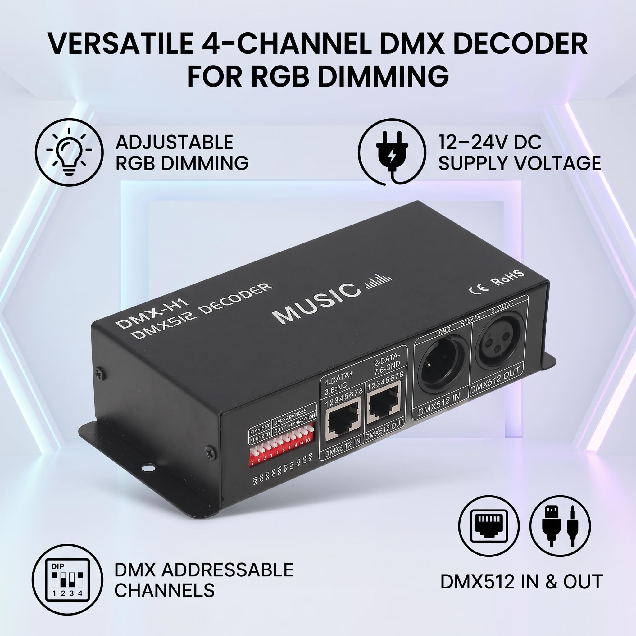 Decodificador DMX512 4 Canales, Controlador LED RGBW para Tira de Luz DC12V-24V 8A por Canal, Ideal para Iluminación Escénica y Decorativa Profesional