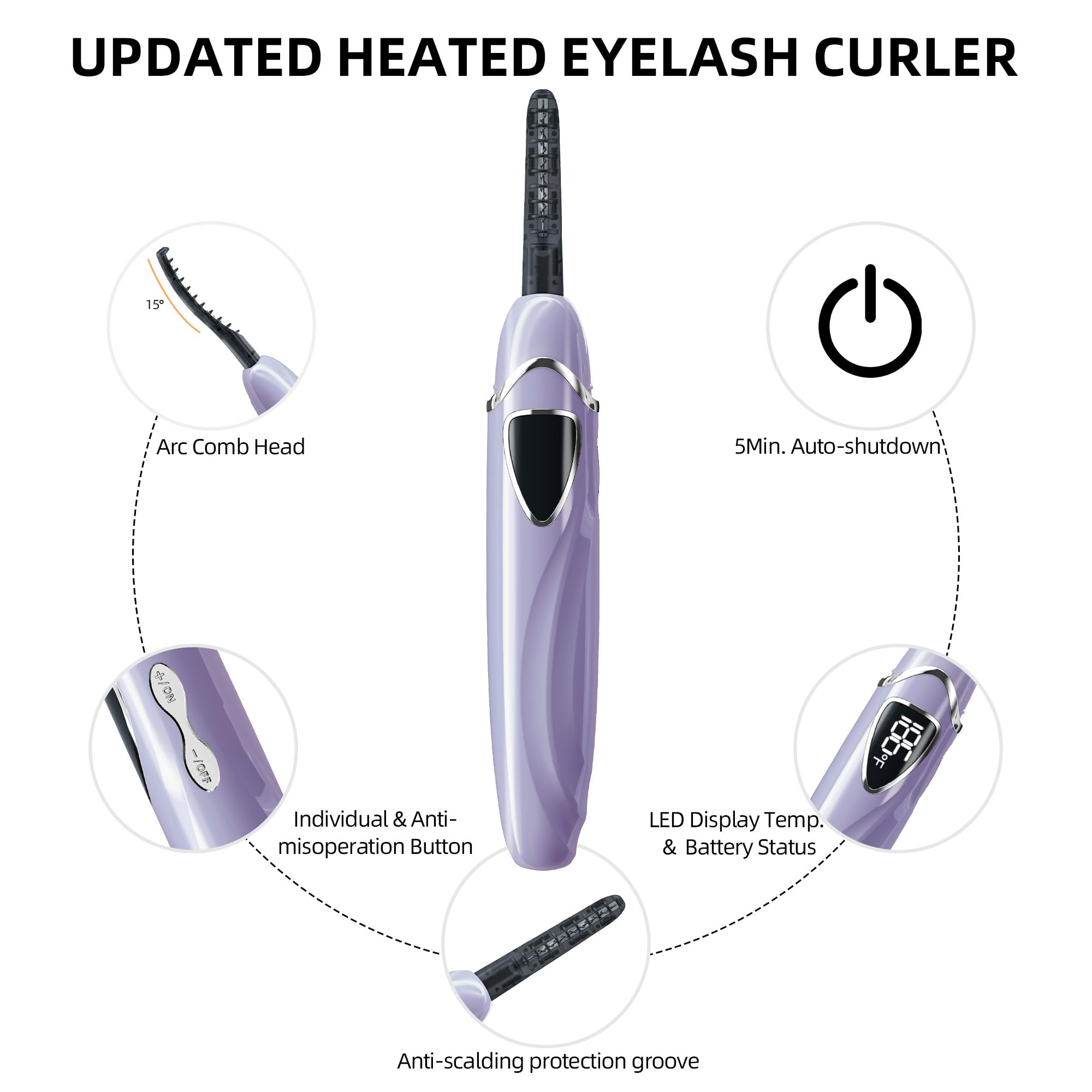 Heated Eyelash Curler, S600 Heated Lash Curler, Accurate Temperature Control Electric Eyelash Curler Heated Curlers - Intelligent Power Off, Long Lasting (Lavender Mist/Silver, S600-148MM)