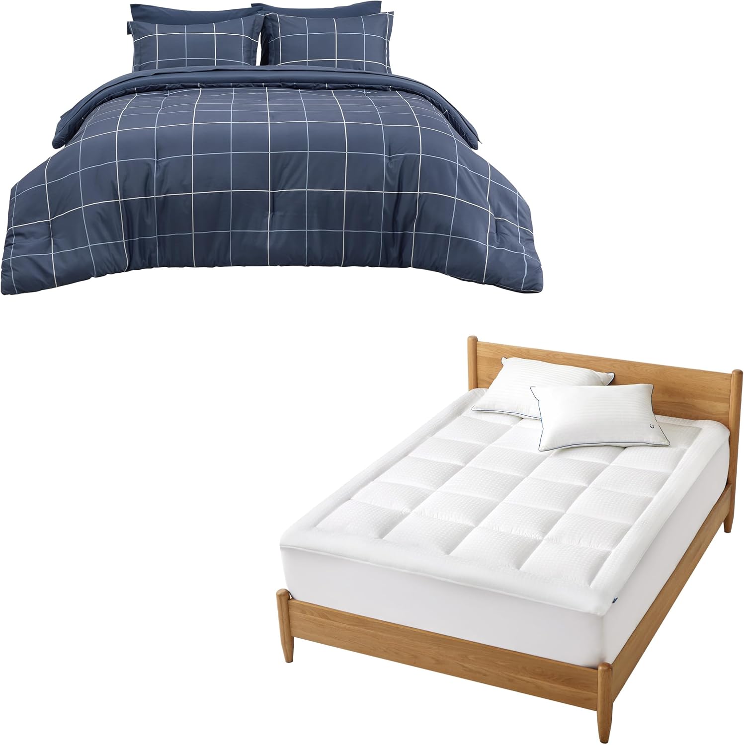 Bedsure 7 Pieces Navy Blue Grid Bedding Sets Queen Bundle