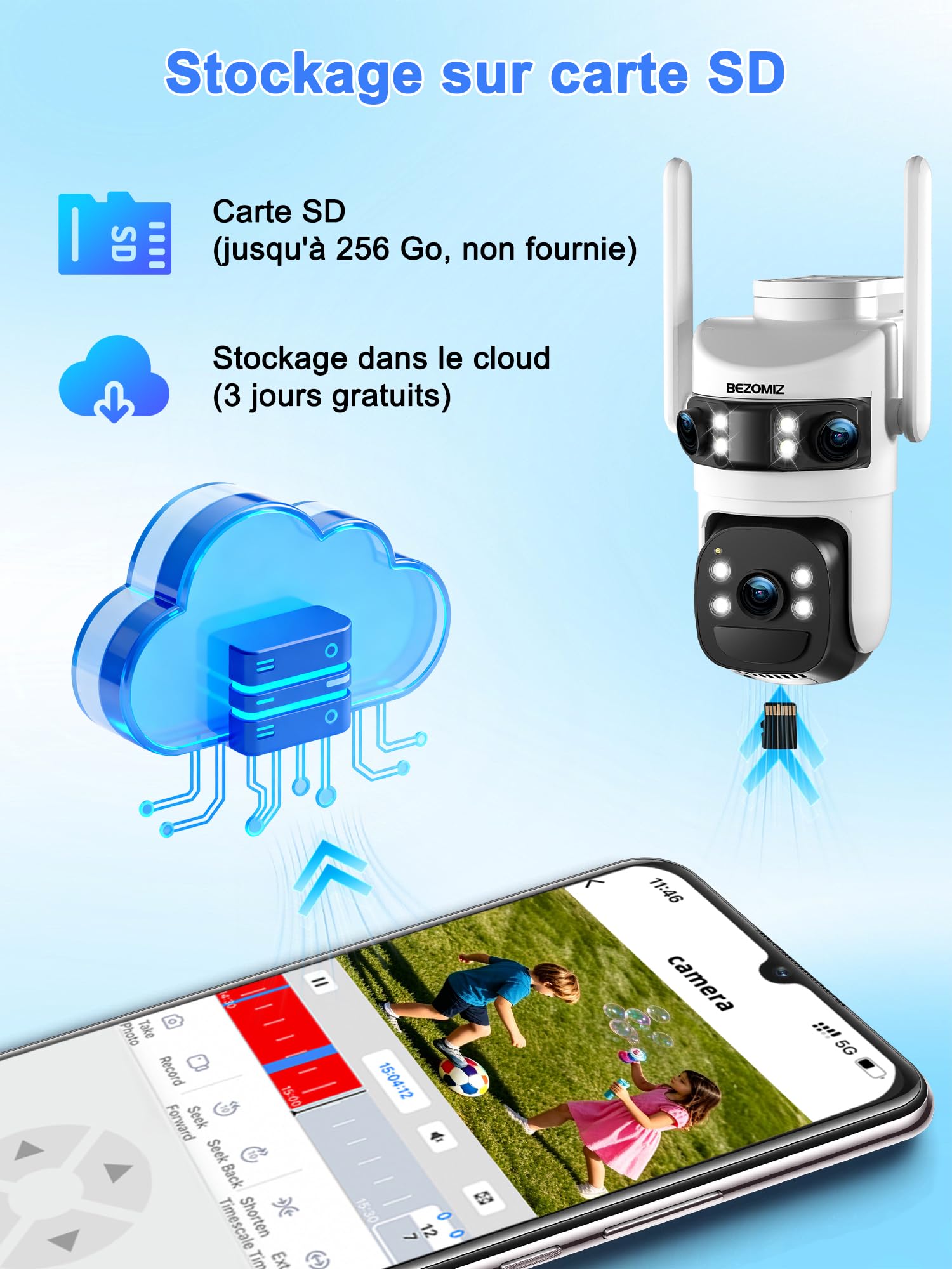 4K Caméra Surveillance WiFi Extérieure à triple objectif,360° PTZ Camera Solaire,12MP Détection Humaine,avec Batterie,Suivi Automatique,Vision Nocturne Couleur,Étanche,Audio Bidirectionnel,2.4/5G WIFI