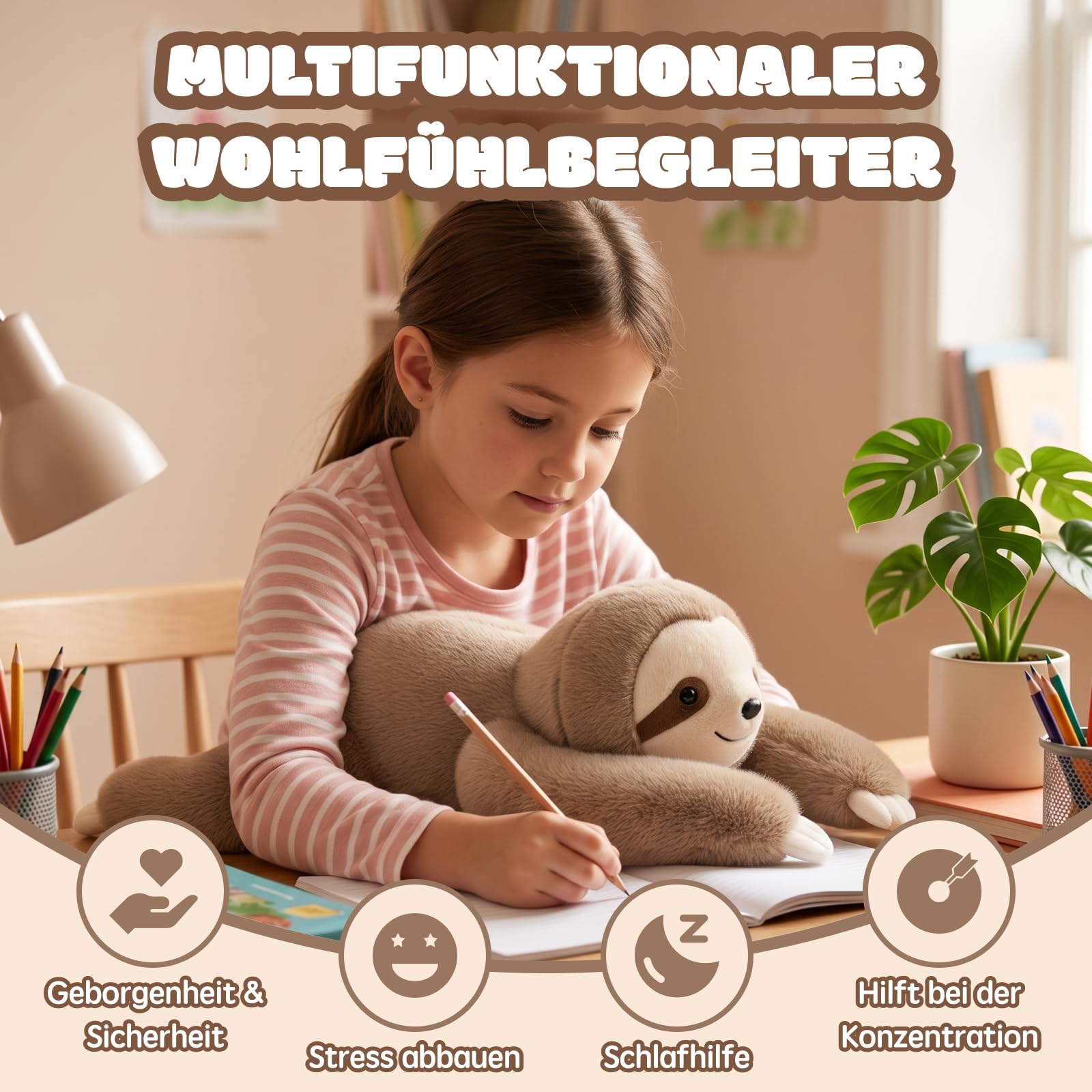 2.5Kg Faultier Gewichtetes Plüschtier Kuscheltier, kuscheliges Stofftier für Erwachsene Kinder, Weiches Plüschkissen für Umarmungsgefährte zur Angstlinderung und Schlafunterstützung (65cm)