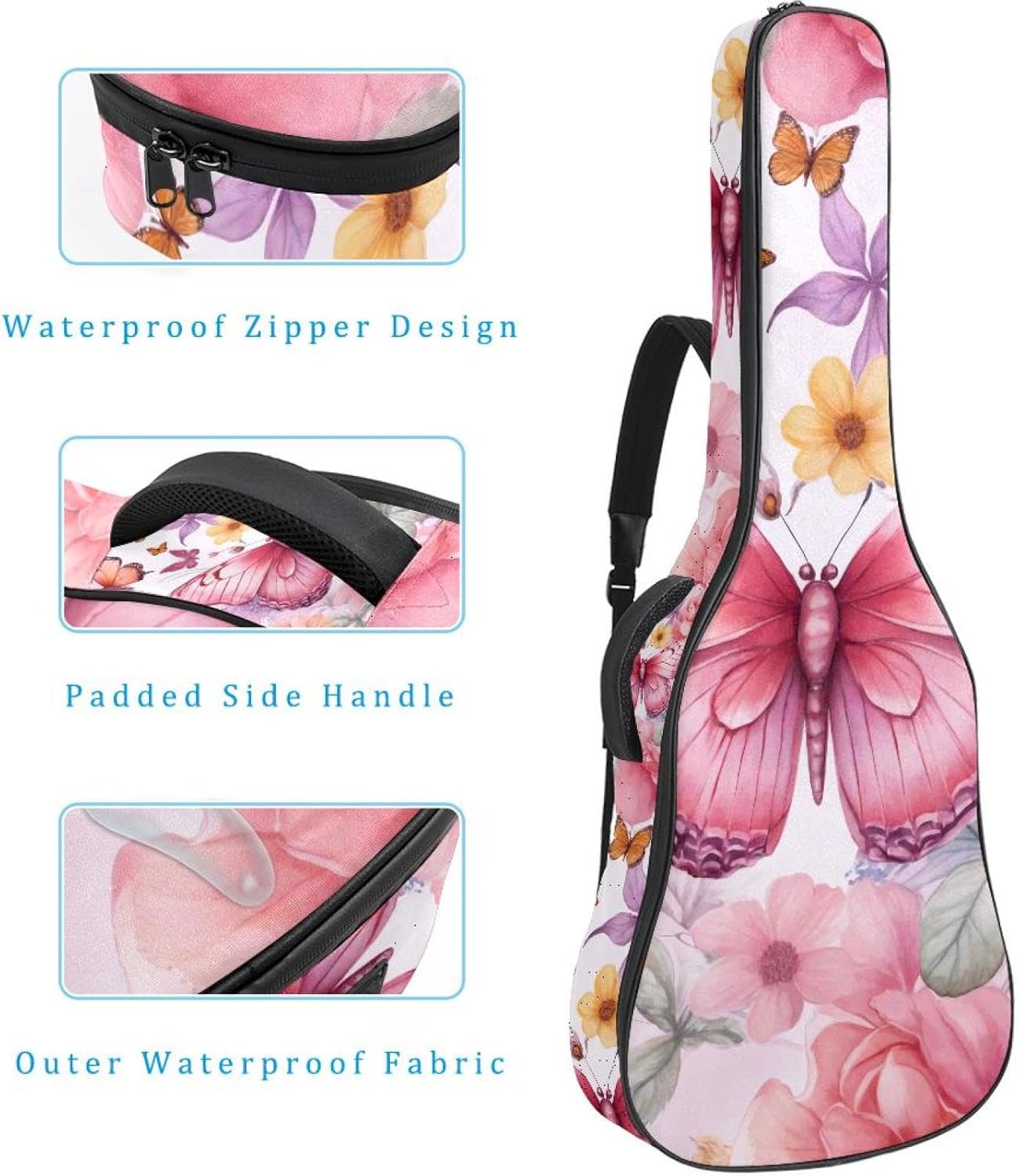 40 41 42 Inch Acoustic Guitar Bag, 0.4 In Thick Sponge Padded Guitar Case Gig Bag with Back Hanger Loop and 2 Pockets, Watercolor Seamless Pink Butterflies