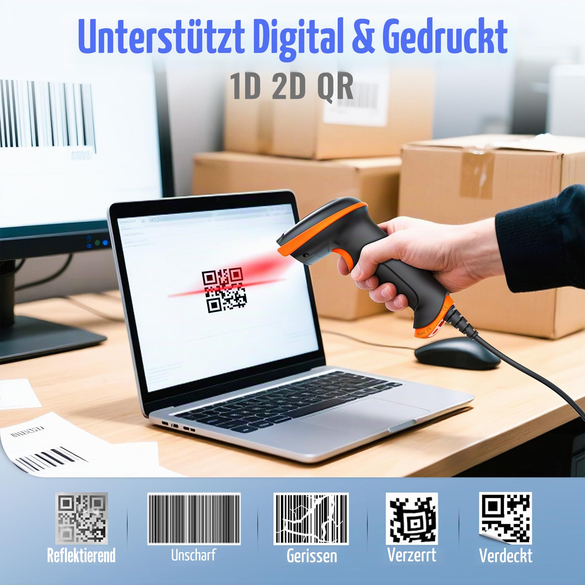Tera Barcode Scanner 1D 2D QR Wired Handscanner Kabelgebundenes CMOS-Barcode-Lesegerät mit Stoßfest Wasserdicht IP65 Ergonomischer Griff 300,000-Pixel-Kamera und USB-Kabel, Plug&Play, D5100Y