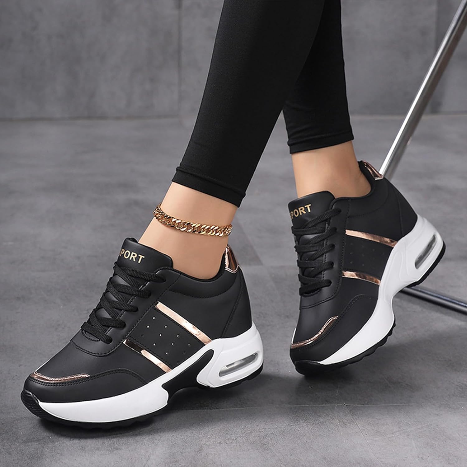Women's Hidden Wedge Heel Fashion Sneakers with Air Cushion Platform Lace Up Comfortable Inner Heightening Cushioned Walking Shoes Casual Running Sneakers