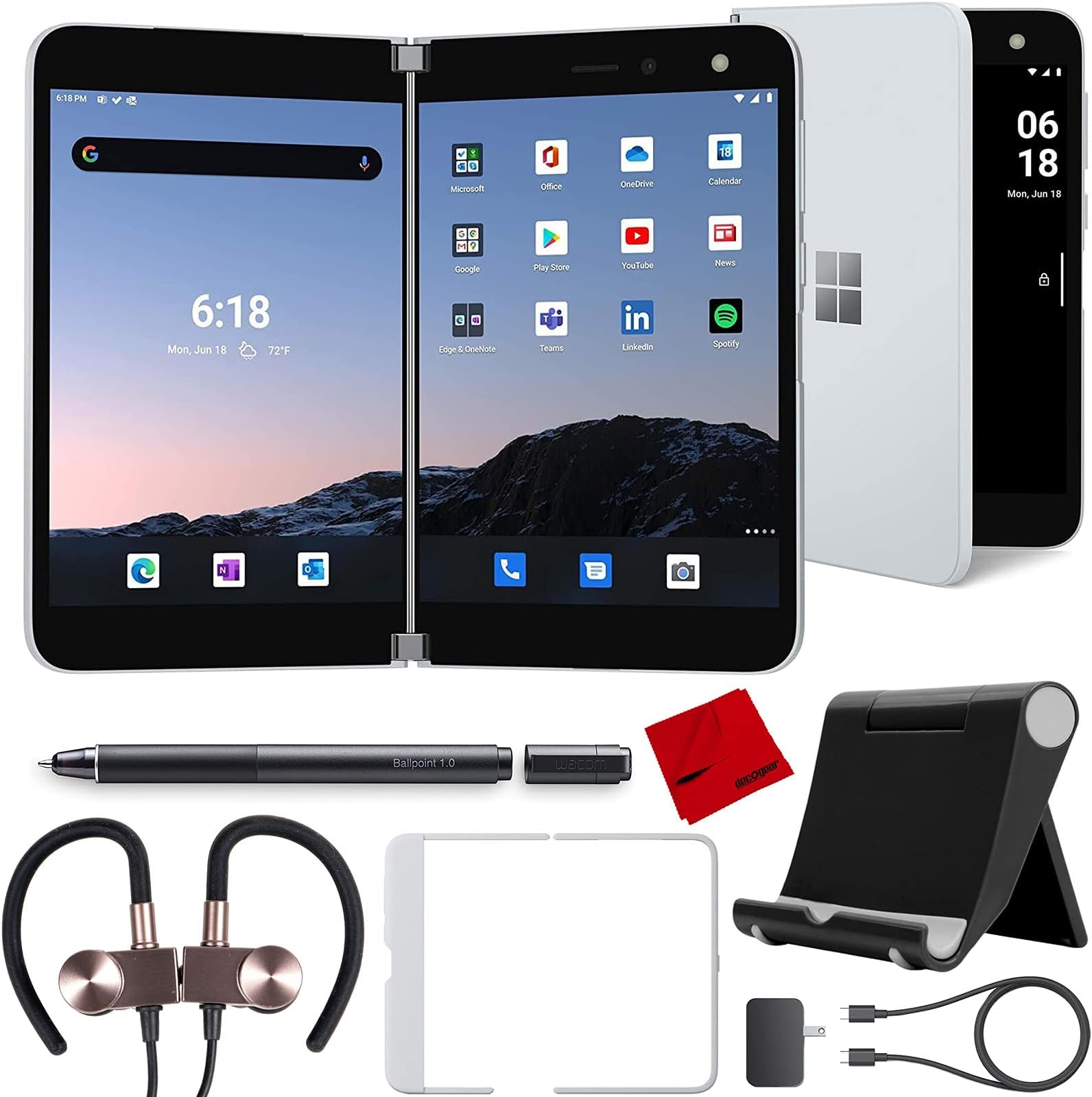 Microsoft Surface Duo 256GB AT&T Locked, Glacier TGM-00001 Bundle with Wacom KP13300D Ballpoint Pen + Deco Gear Wireless Earbuds + Tablet Stand & More