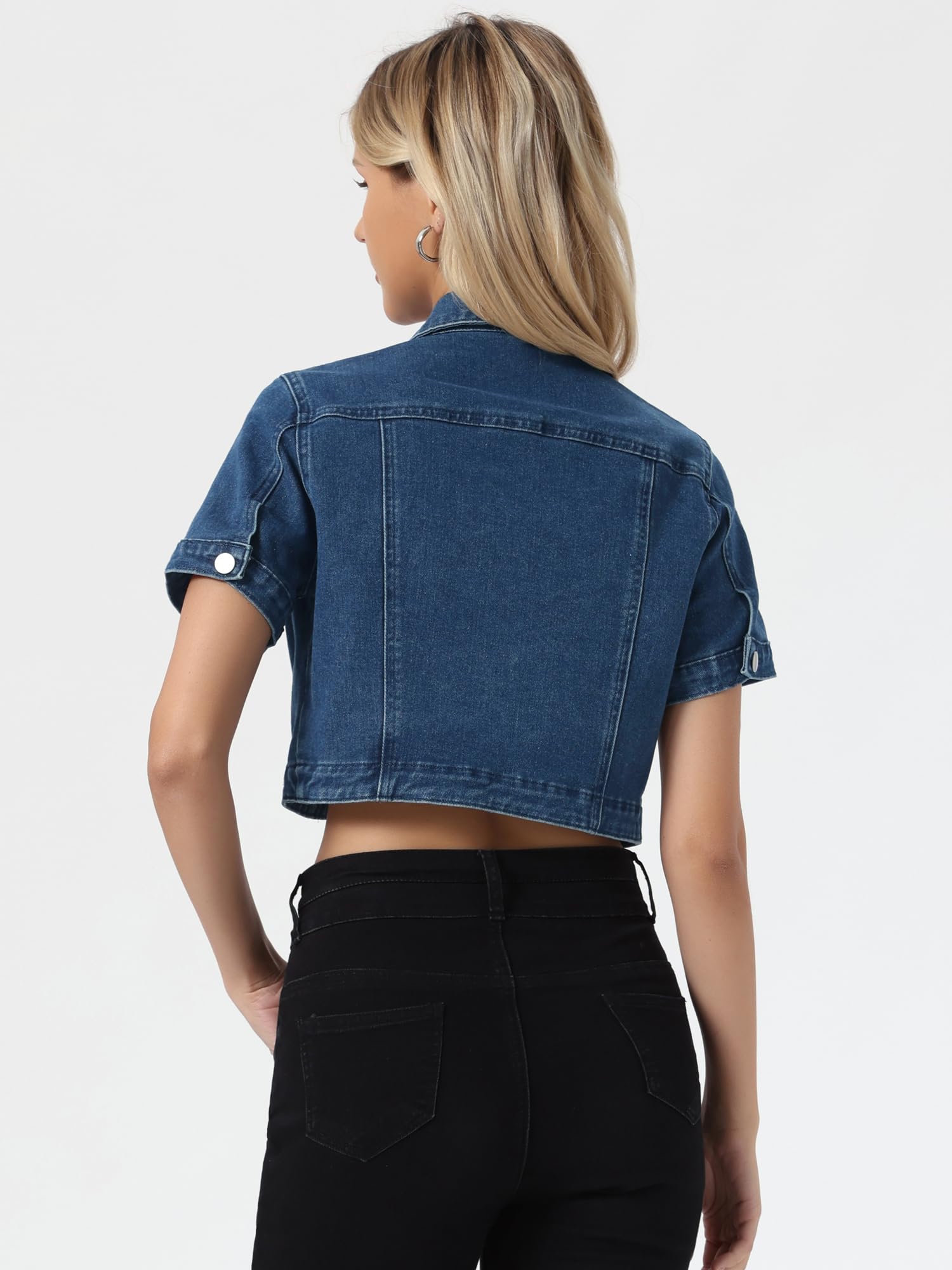 Allegra K Mujer Cazadoras Vaquera Casual Cuello Vuelto Manga Corta Torera Corto Denim con Botones