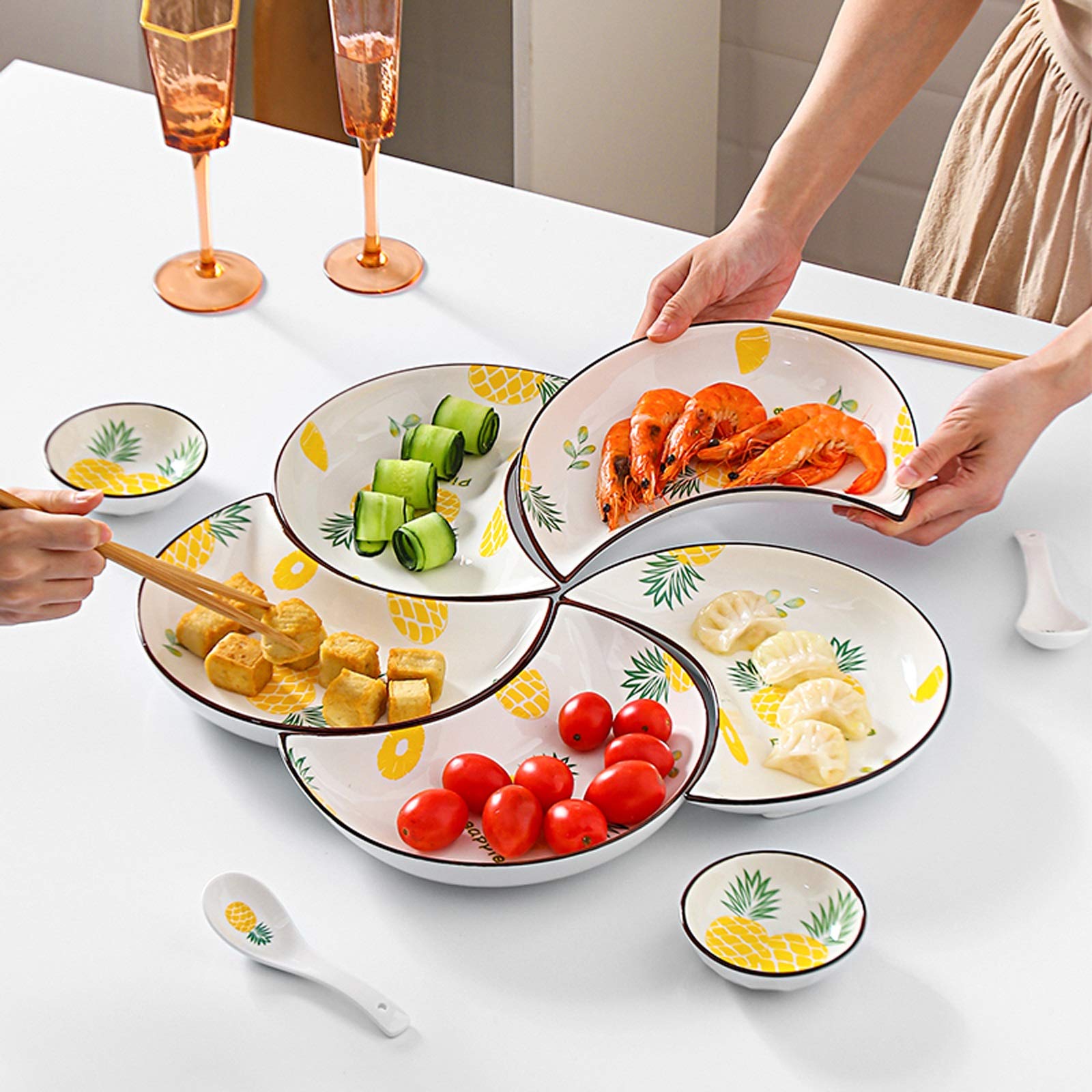 Ciotoline da Snack 10pcs Snack Plate Aggiungi 1 PZ Zuppa Bowl Home Piatto da pranzo Piatto da cucina in ceramica Set di stoviglie in ceramica Squisita Piastra dessert a forma di luna Squisita Piatto f