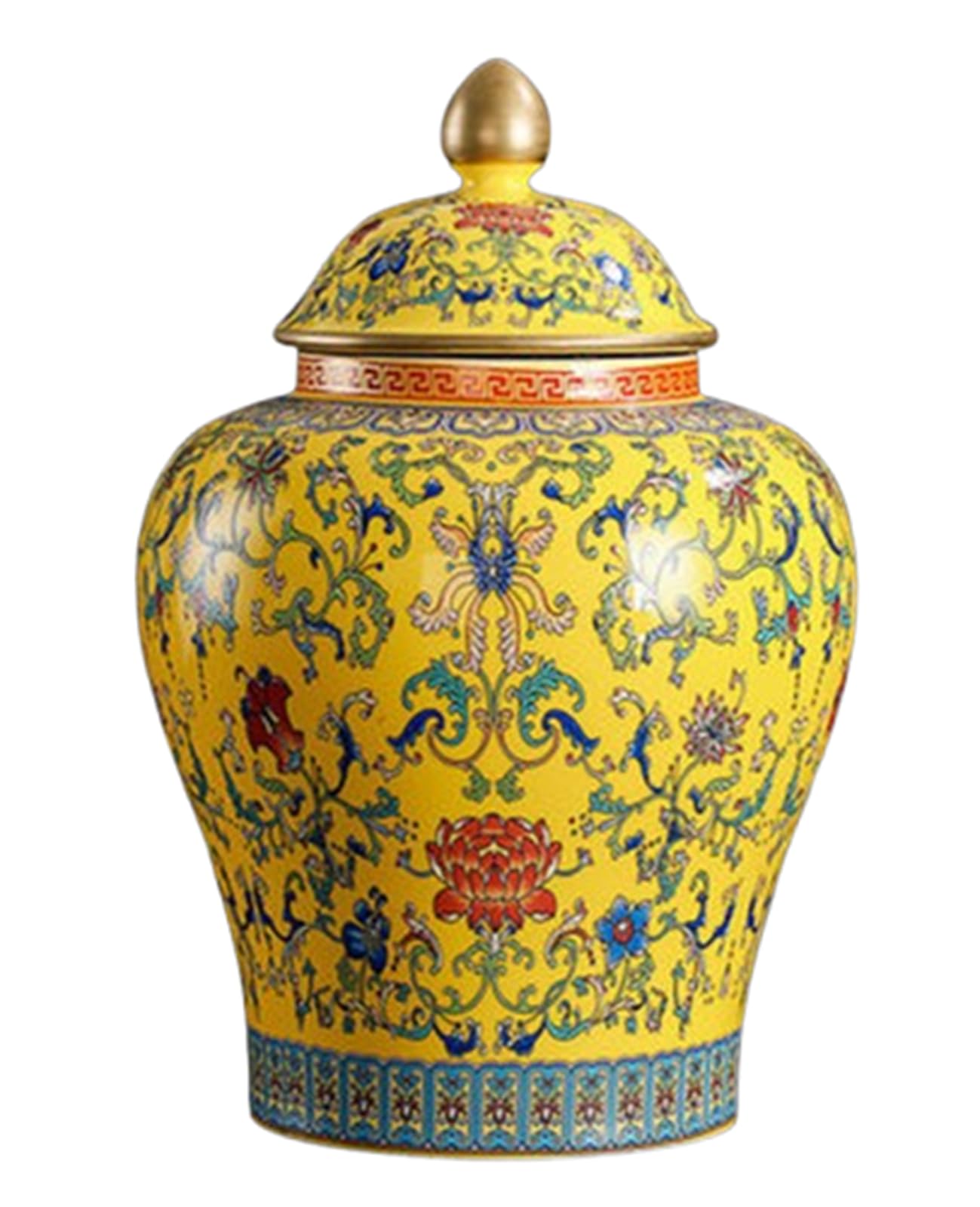 NHDVDVAV Chinoiserie Enameled Tea Canister,Large Ceramic Hand-Painted Ginger Jars Vase with Lid for Home Decor, Dining Table Centerpiece, Hotel & Wedding Decor,B