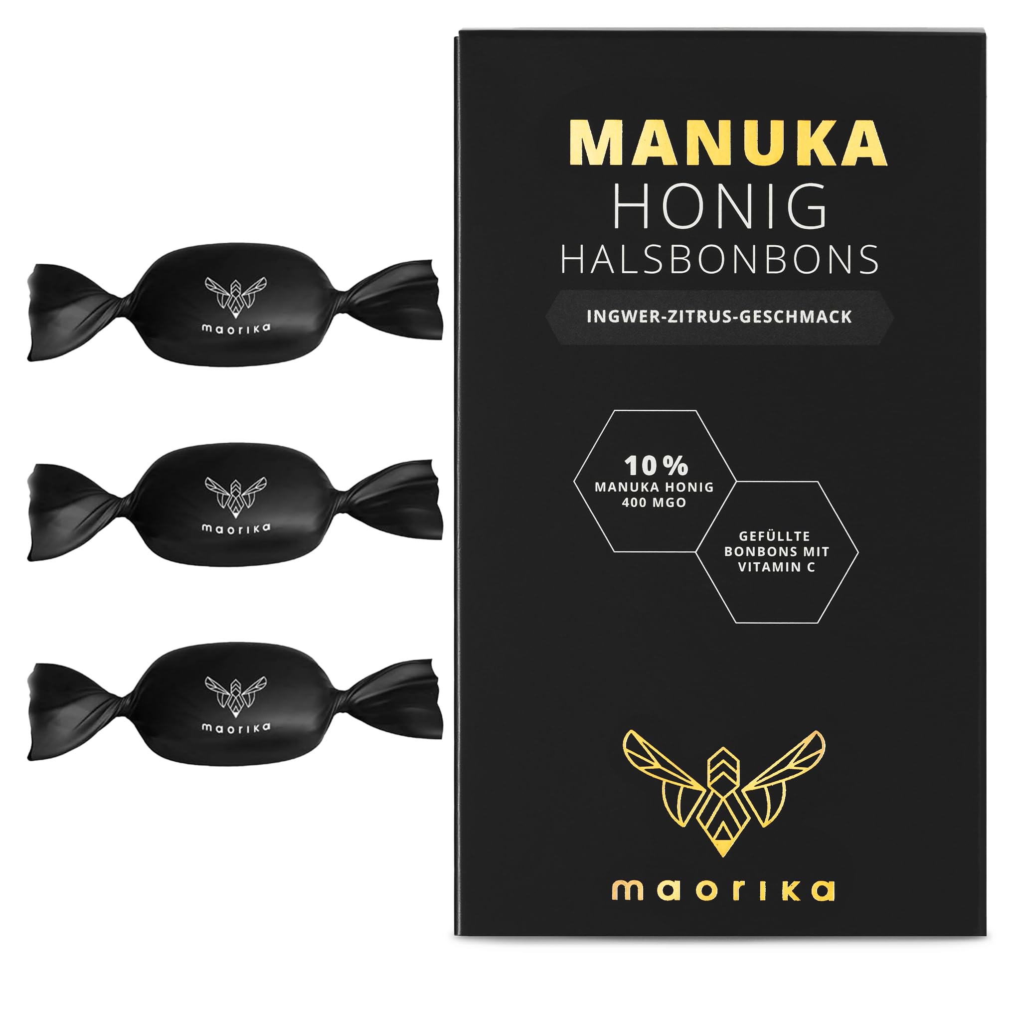 maorika Manuka Honig Bonbons mit erfrischend-belebendem Ingwer Zitrus Geschmack - Manuka Halsbonbons MGO 400+ aus Neuseeland, zertifiziert und laborgeprüft (100g, 19 Stück)