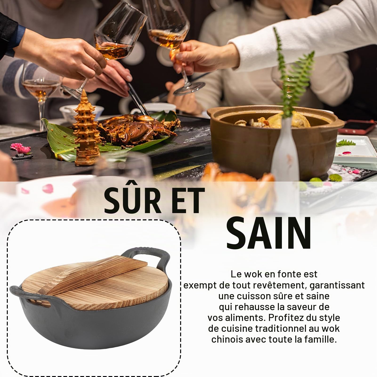 Poêle Wok avec Couvercle, Wok en Fonte avec 2 Poignées, Couvercle en Bois, Poêle à Frire avec Base Plate Non Revêtue pour Sauté Grill Vapeur Authentique Cuisine Asiatique (25 cm)