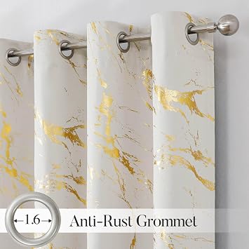 WUBODTI Beige and White 100% Blackout Curtains for Kids Room 63 Inch Length 2 Panels, Gold Marble Patterned Grommet Short Curtain Modern Thermal Insulated Drapes for Bedroom Bathroom