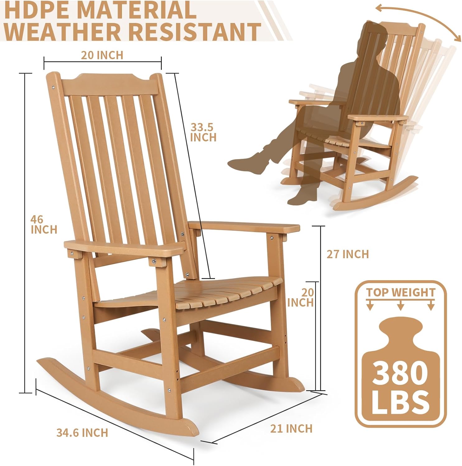 Outdoor Rocking Chair, Oversized All Weather High Back Porch Rocker, Patio Rockers for Outside