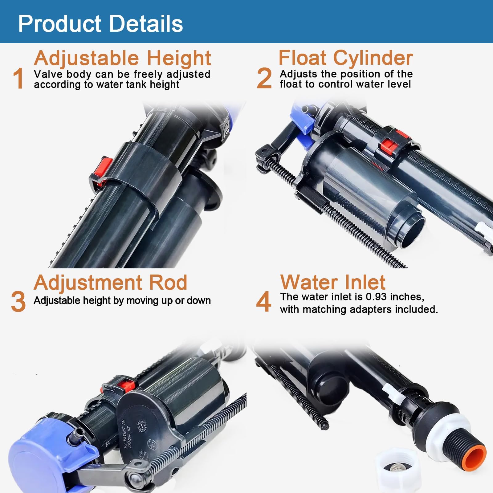 Mendorio Bottom Entry Toilet Fill Valve, G1/2 Universal Cistern Inlet Valve, Adjustable Height and Float - Image 4