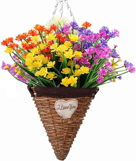 Artificial Flowers,Leixi 5pcs Fake Outdoor UV Resistant Plants Faux Plastic Greenery Shrubs Indoor Outside Hanging Planter Home Kitchen Office Wedding Garden Decor (Multi)