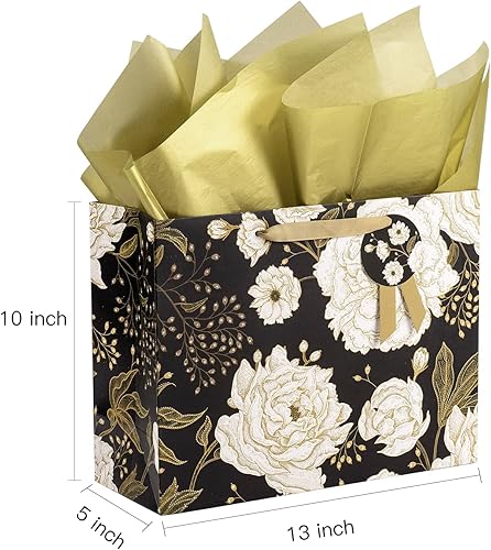 Miniatura 6 de Loveinside Bolsa de regalo negra y dorada floral con papel de seda para el día de la madre, cumpleaños, día de San Valentín, boda, aniversarios,