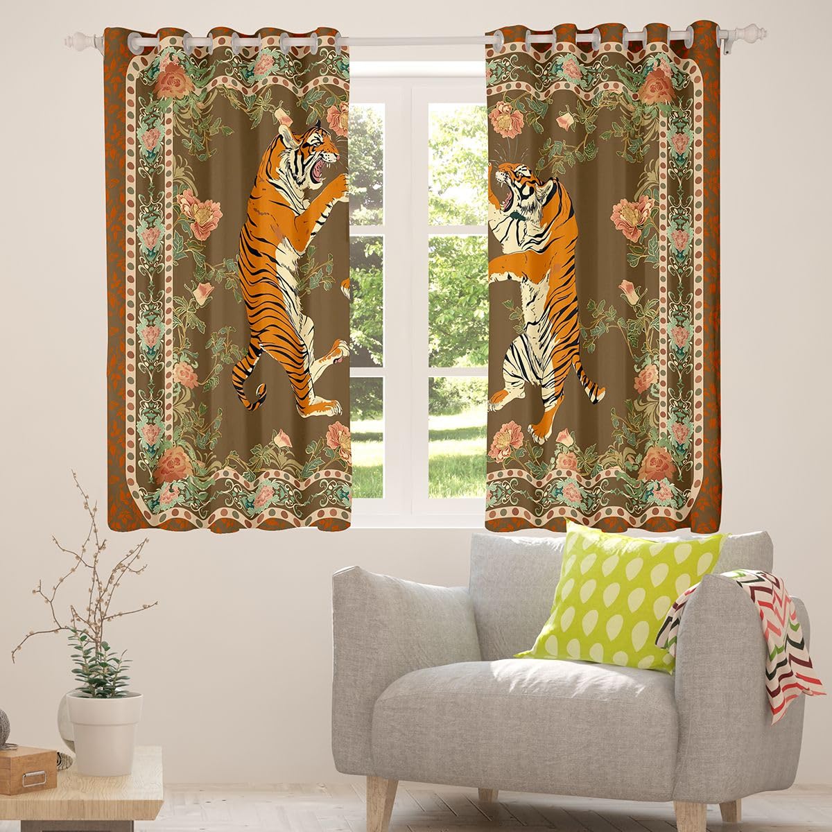 Homewish Vintage tygrys kwiatowe zasłony okienne, 117 x 183 cm, 2 zestawy paneli - zaciekłe symetryczne zasłony zaciemniające ze zwierzętami, ozdobne botaniczne zasłony okienne, zasłony boho, dżungla
