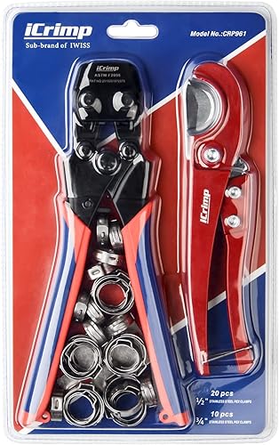 iCrimp Mini PEX Pipe Quick Cinch Juego de herramientas para abrazadera de acero inoxidable de 38 pulgadas a 1 pulgada con cortador Pex, 20 piezas de