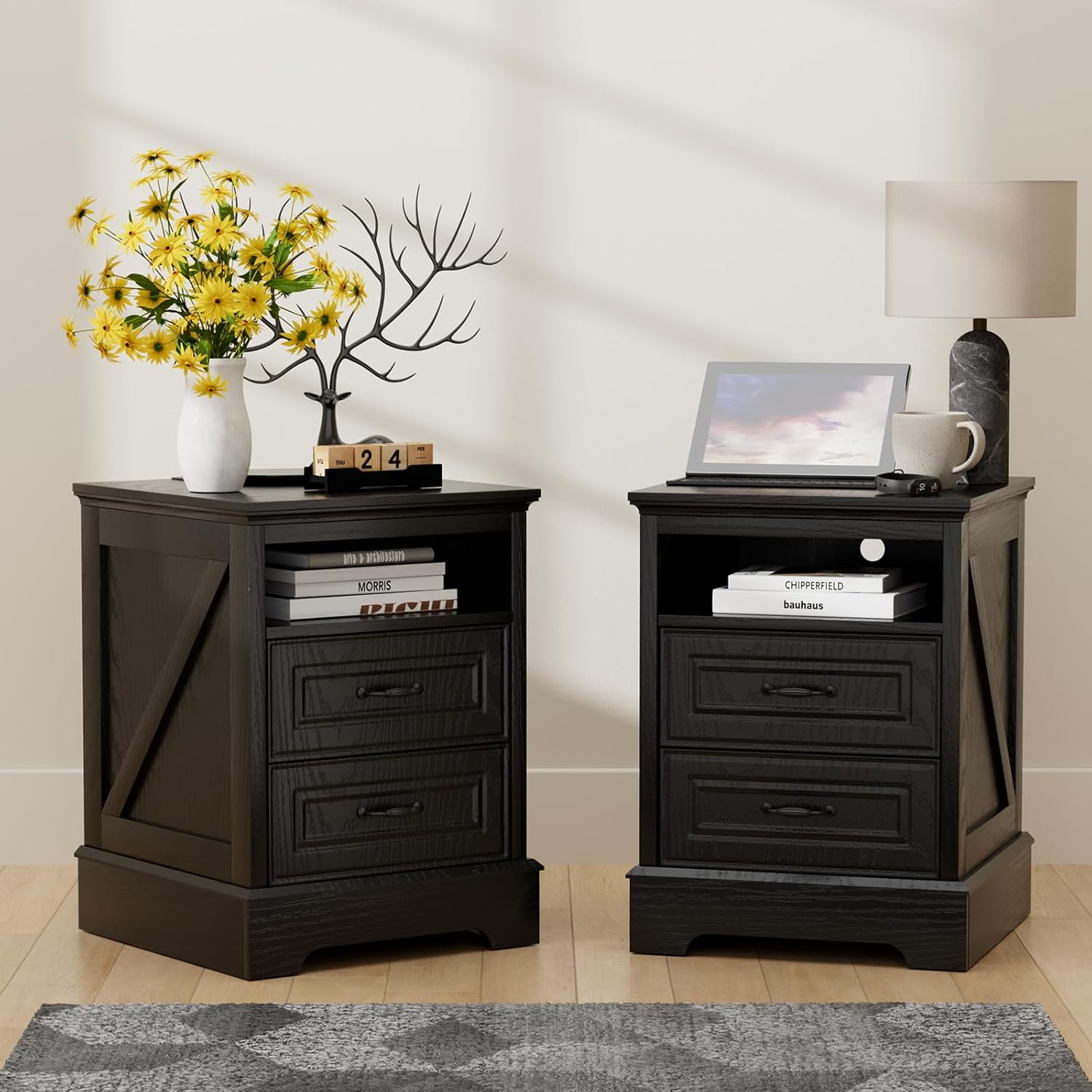 Farmhouse Night Stand Set of 2,18" Nightstand with Charging Station, End Table with 2 Drawers Storage Cabinet Bedside Cabinet for Sitting Room and Bedroom,Wood Rustic