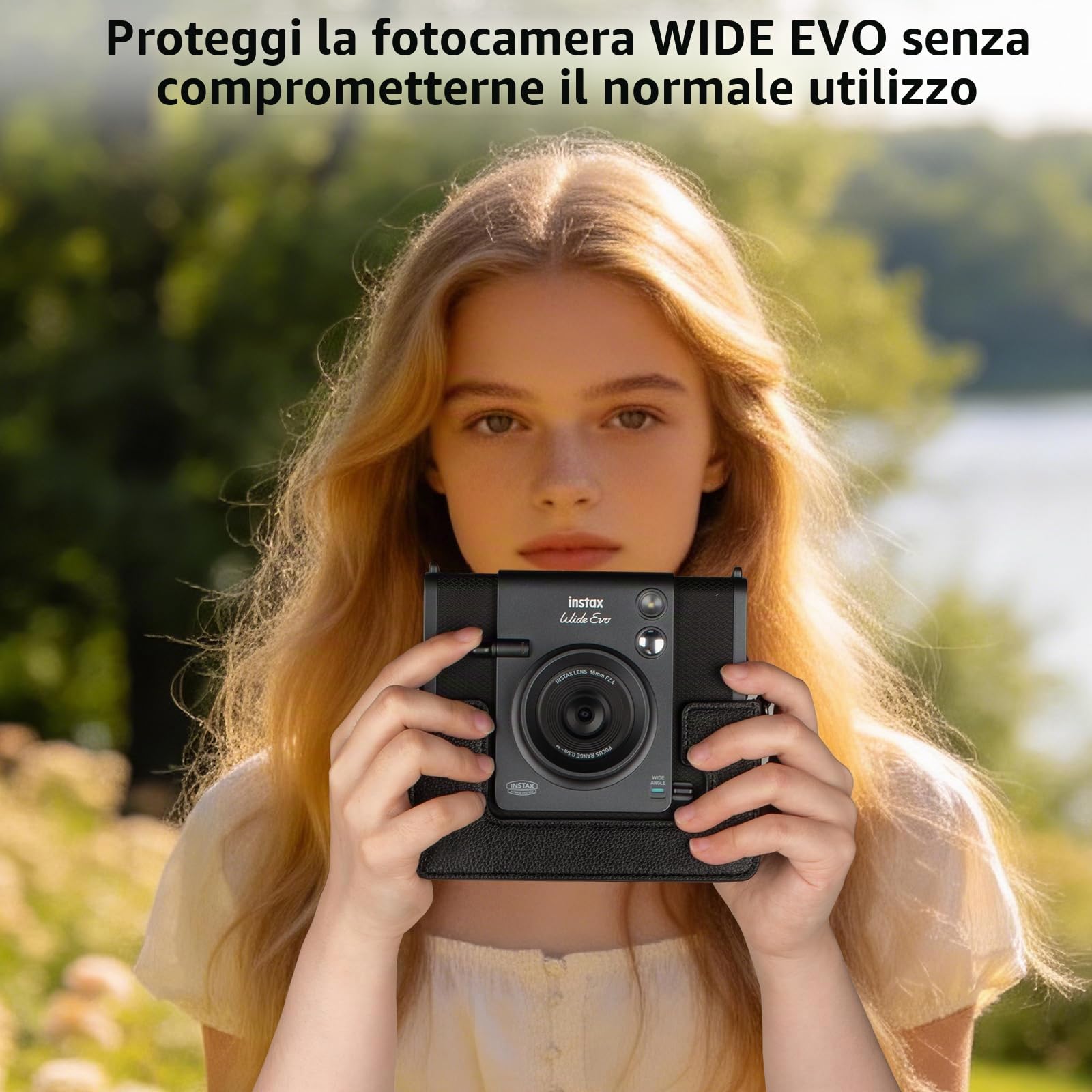 Custodia Instax Wide EVO, cover protettiva compatibile con la fotocamera istantanea ibrida Fujifilm Instax Wide EVO, custodia in pelle PU con tracolla regolabile - Nero retrò