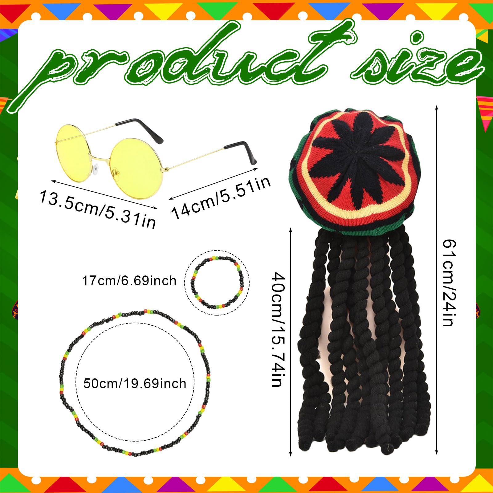 TUONYIS 4 Pcs Rasta Set, Reggae Costume Accessories, Caribbean Rasta Fancy Dress Set, Jamaican Braided Dreadlocks Wig - Image 2