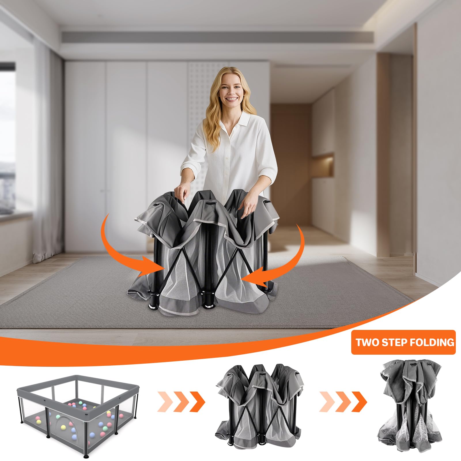 Parque infantil plegable para bebé con alfombrilla - 127x127CM - Parque, montaje rápido, seguro y portátil para interior y exterior (gris)