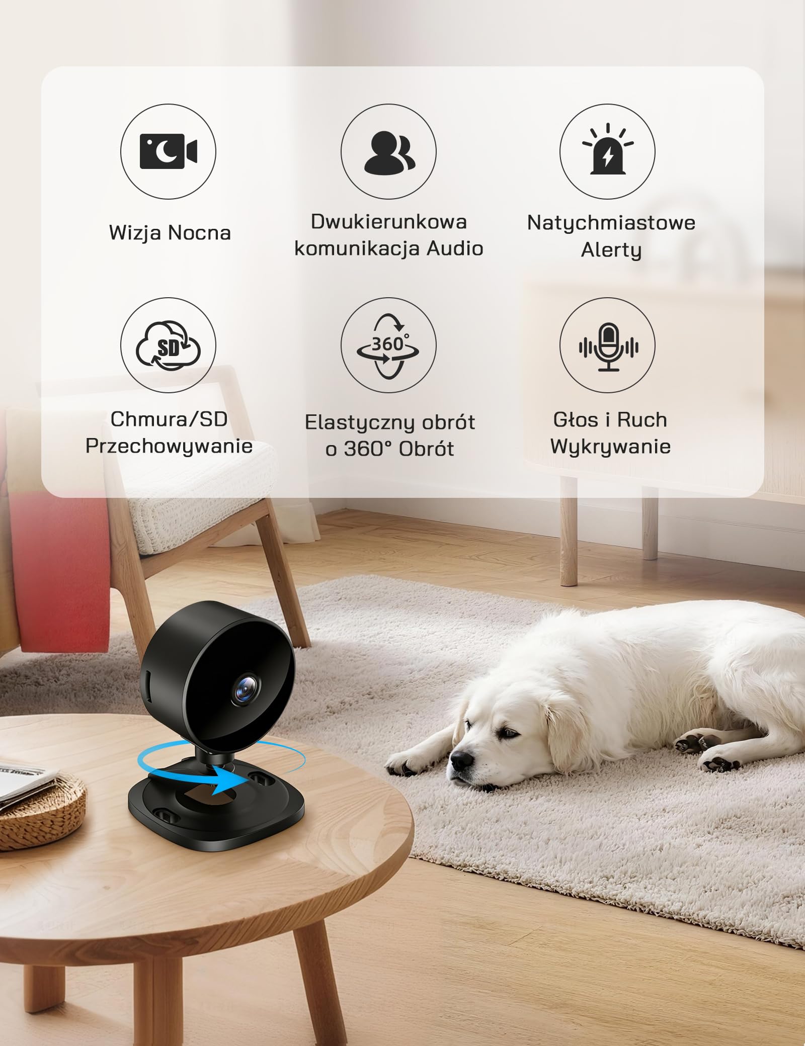 WOLFANG Kamera Wewnętrzna WiFi 1080P, Kamera Monitoringu Domowego z Noktowizją, Wykrywanie Ruchu, Dwukierunkowe Audio, Kompatybilna z Alexa i Google Home, Tylko WiFi 2,4 GHz