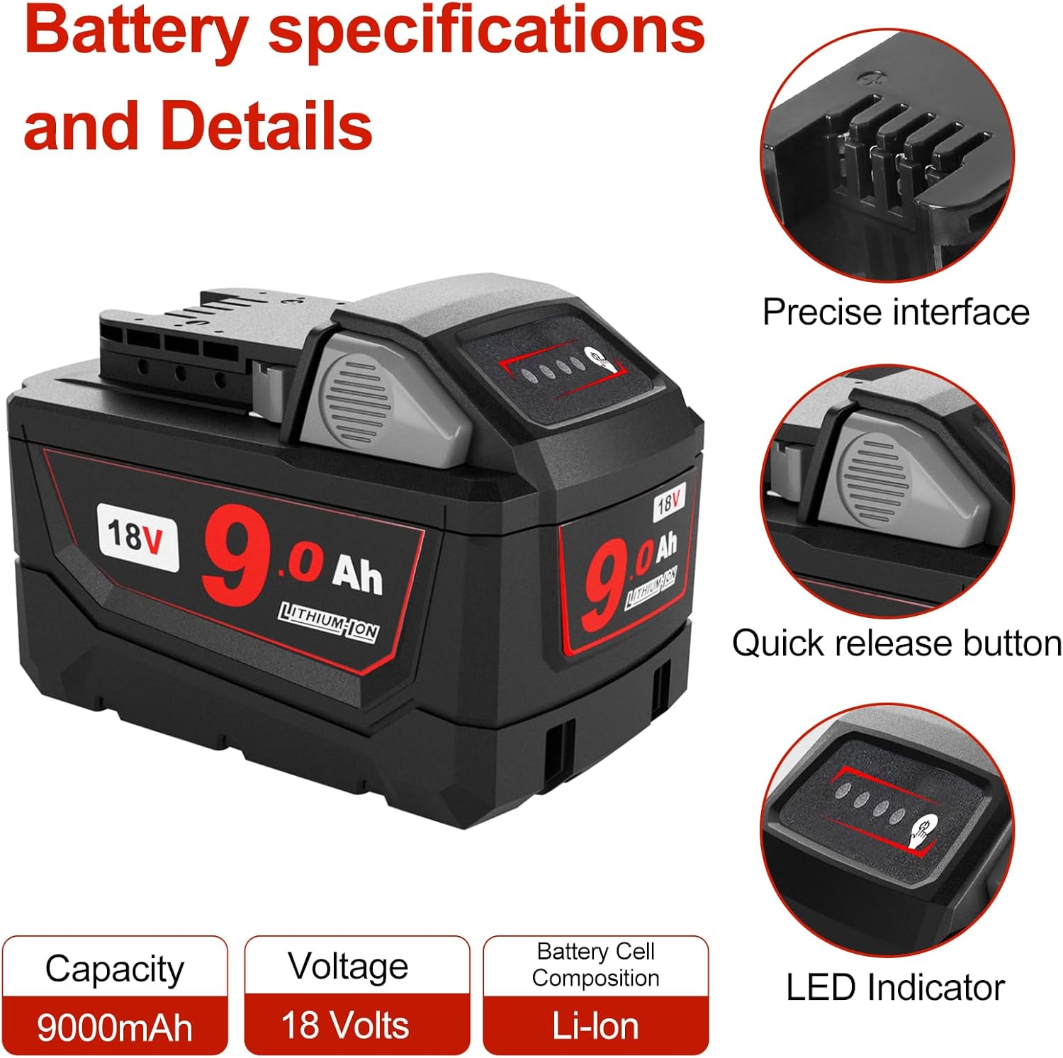 9 Ah 18V Batteries Compatible for MK-18 Battery 48-11-1815 48-11-1850 48-11-1860 Replacement with MK-Milwaukee Battery Charger and 18 Volt Cordless Power Tools（Not Made in Milwaukee） - Image 2