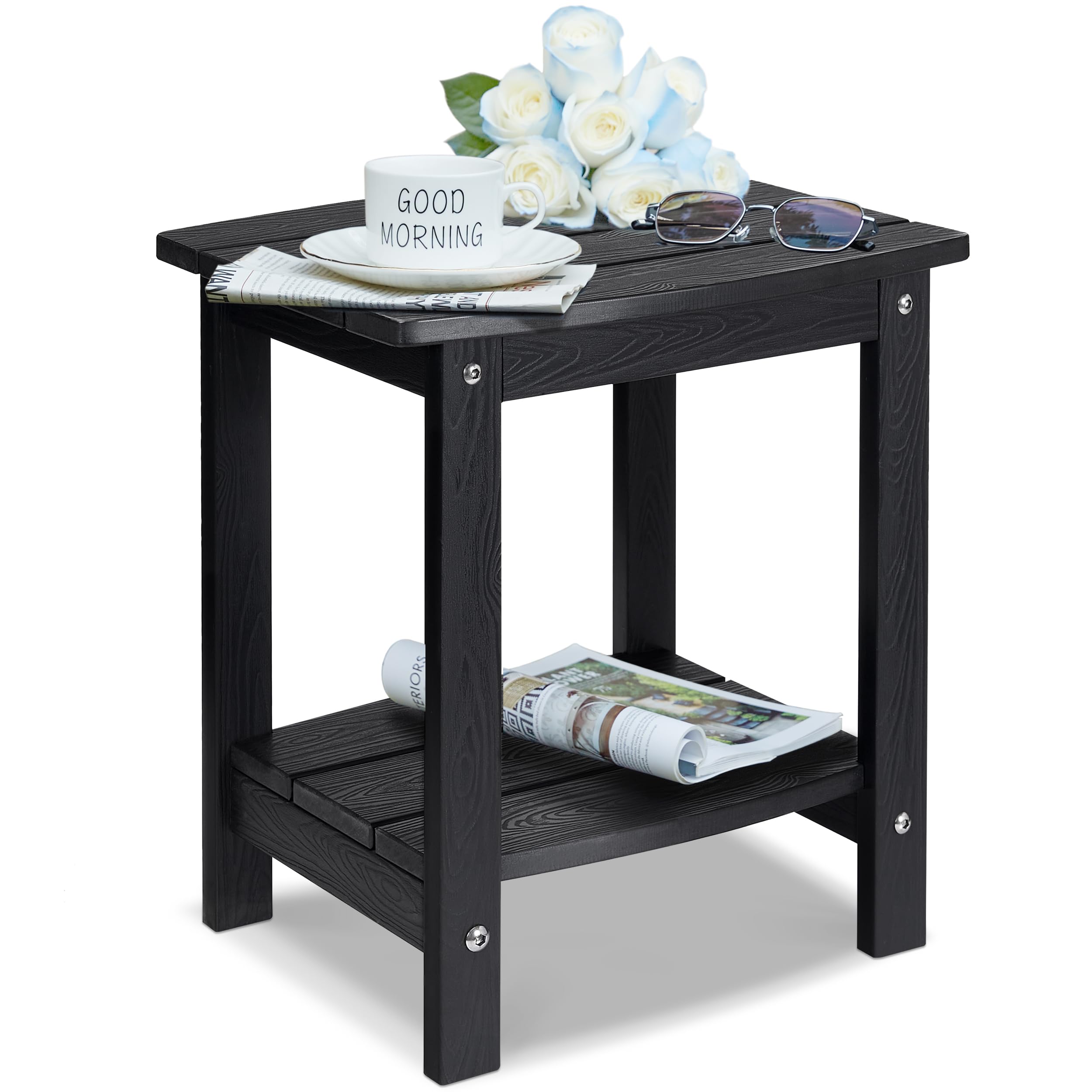 Y&M Outdoor Side Table, HIPS Adirondack Small Double Layer Table, Waterproof Square Outside Table, Balcony Modern End Tables for Patio, Pool, Beach,