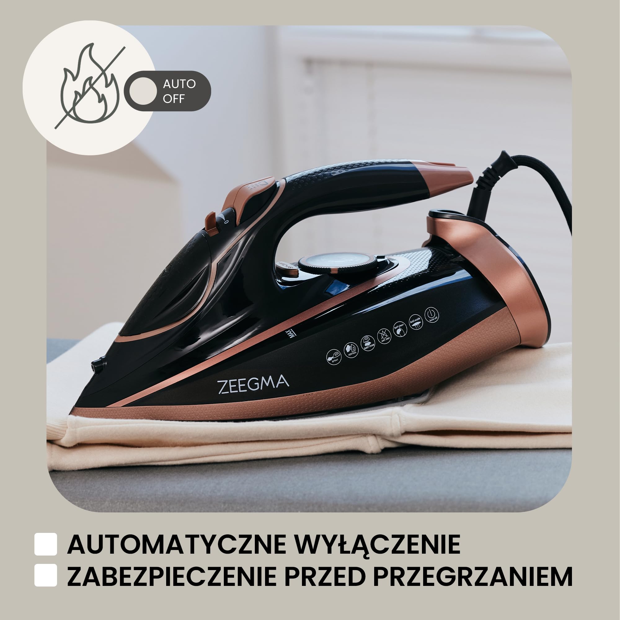 ZEEGMA IRONEE BASE Przewodowe Żelazko Parowe z Powłoką Ceramiczną 3100W, Prasowanie na Sucho i Parą 40g/min, Zbiornik 320 ml Funkcja Samoczyszczenia, Anti-Drip oraz Anti-Calc