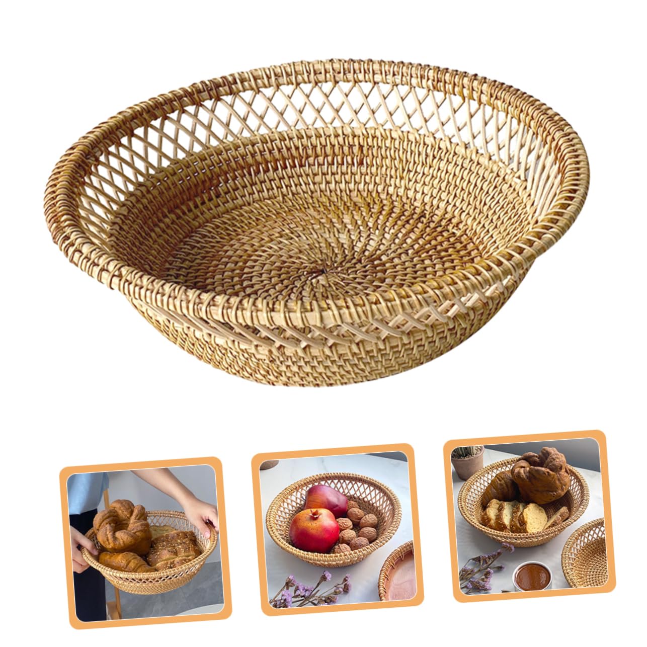 BRIGHTFUFU Handwoven Woven Bread Basket Round Rattan Serving Basket for Fruits Snacks and Decor Stylish Storage for Living Room and Dining Table