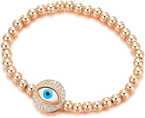 COOLSTEELANDBEYOND Pulsera de cuentas de oro rosa con protección contra el mal de ojo con circonita cúbica, Circonia cúbica, Circonita cúbica