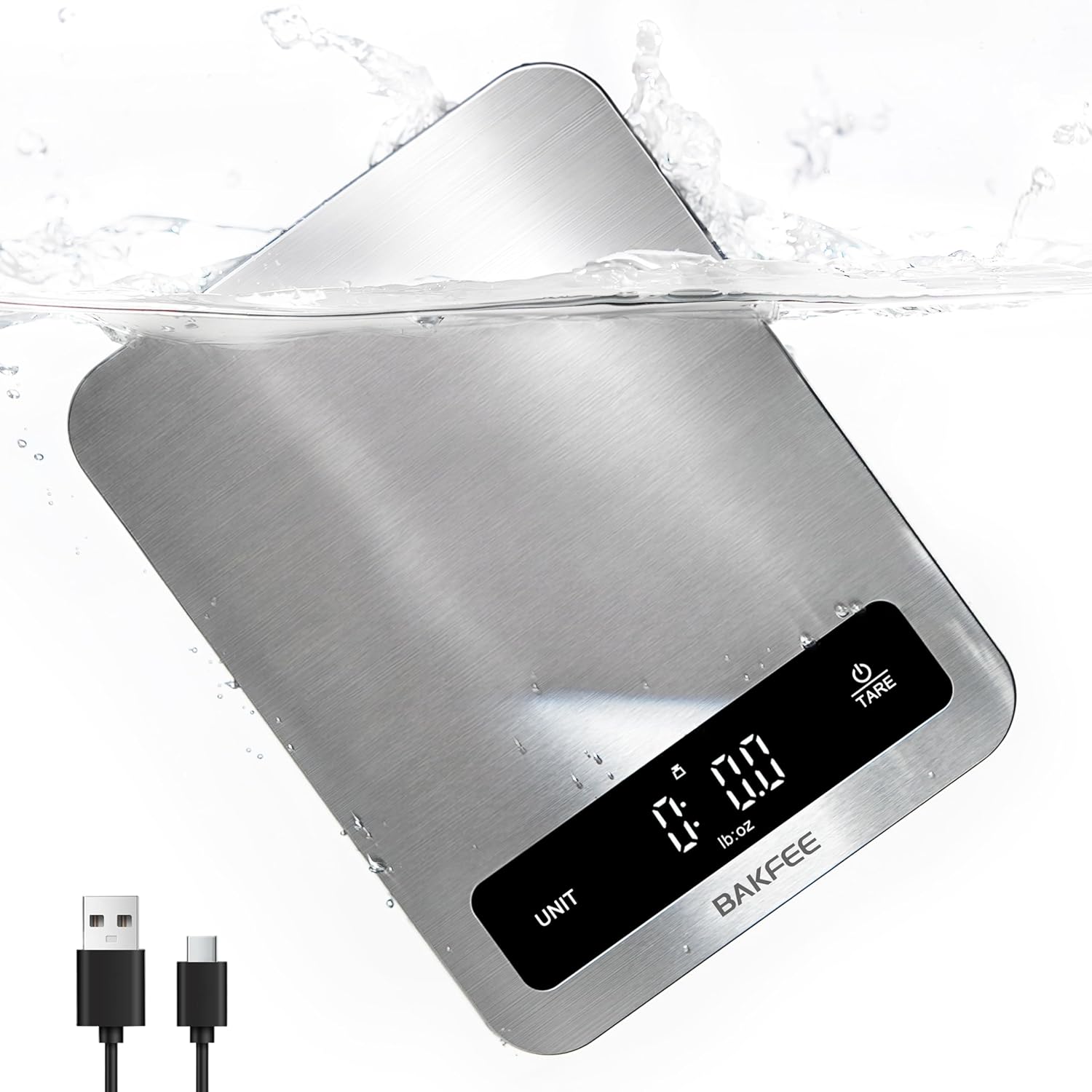Food Scale, IP67 100% Waterproof Kitchen Scale, Type-C Rechargeable, 0.1oz/1g, 22lb/10kg, Tempered Glass & Stainless Steel Surface, Larger & Full-View Display, with 6 Units, Tare, Black