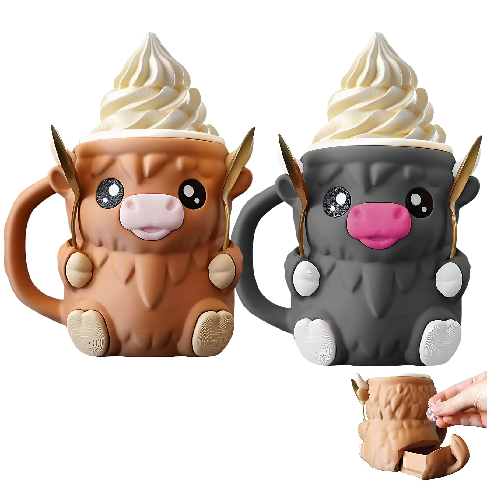 2 Stück Highland Cow Ice Cream Holder,Bezauberndes Eisbecher Halter,3d Printing Eiscreme Pint Halter,Inklusive 4 Löffeln,Geeignet Für Den Hausgebrauch,Picknicks,Partys Und Camping