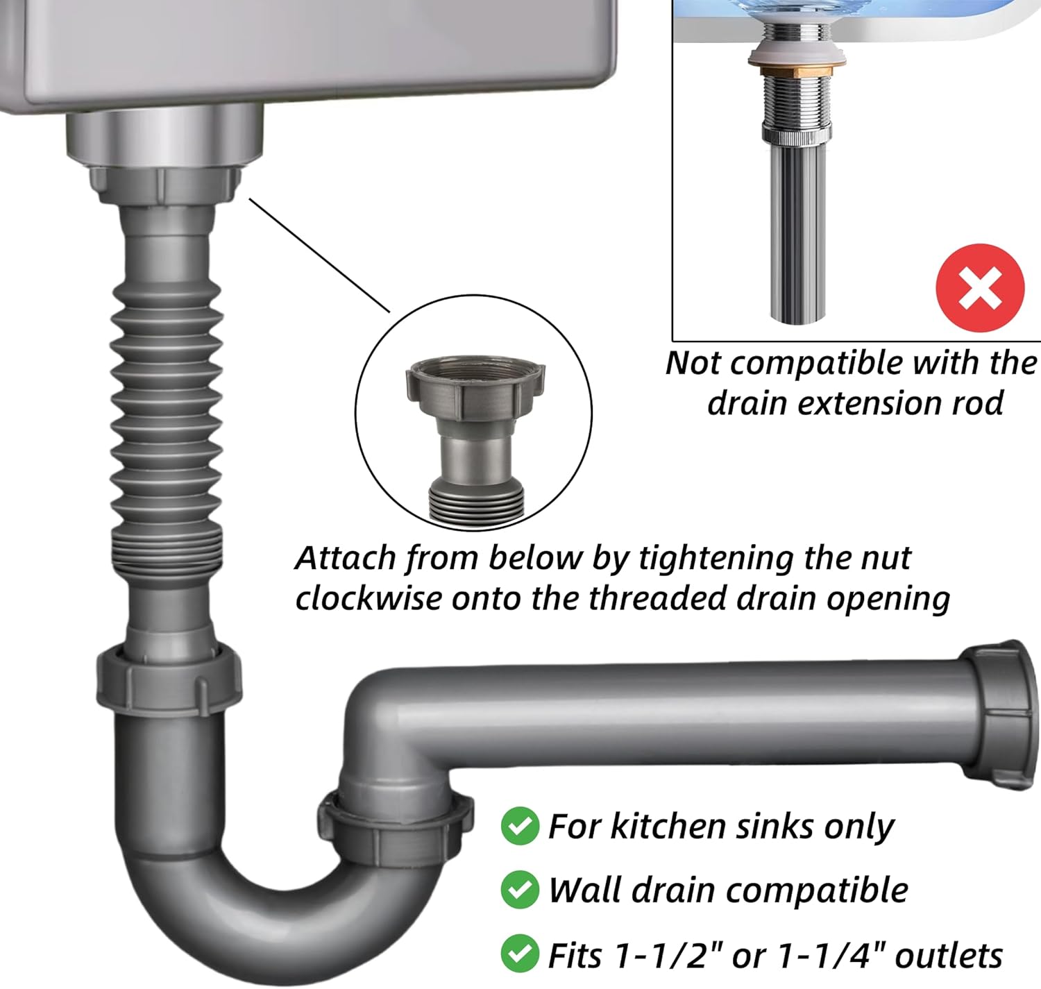 Expandable and Flexible P-Trap, 1-1/2" Sink Drain Pipe Kit, Wall Drain, For Kitchen Sink