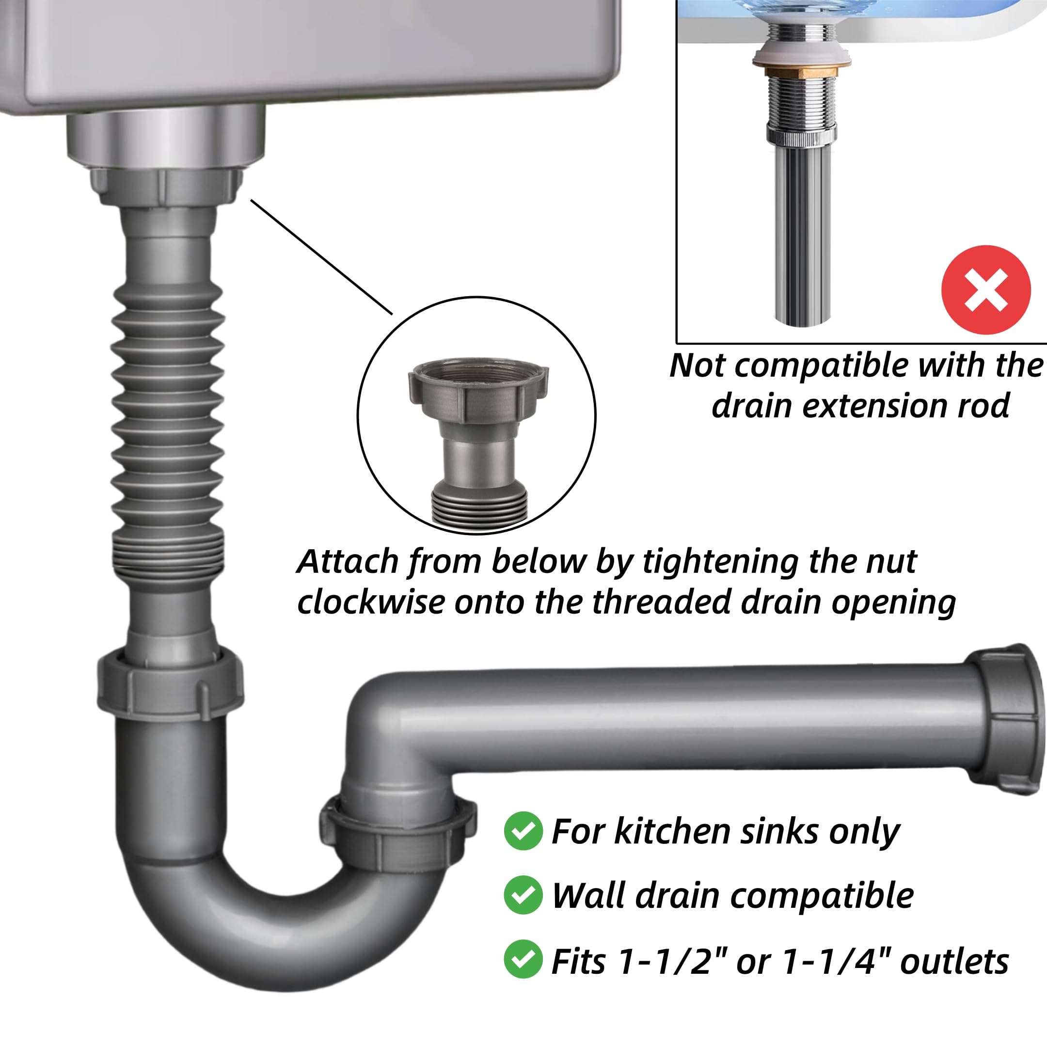 Trampa P expandible y flexible, kit de tubo de drenaje de fregadero de 1-1/2 pulgadas, con adaptador de 1-1/4 pulgadas, drenaje de pared, para fregadero de cocina