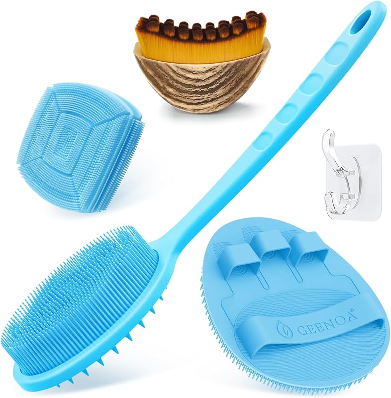 Conjunto GEENOA com escova de silicone para costas, corpo e rosto, luva de banho e escova facial, azul, 4 peças