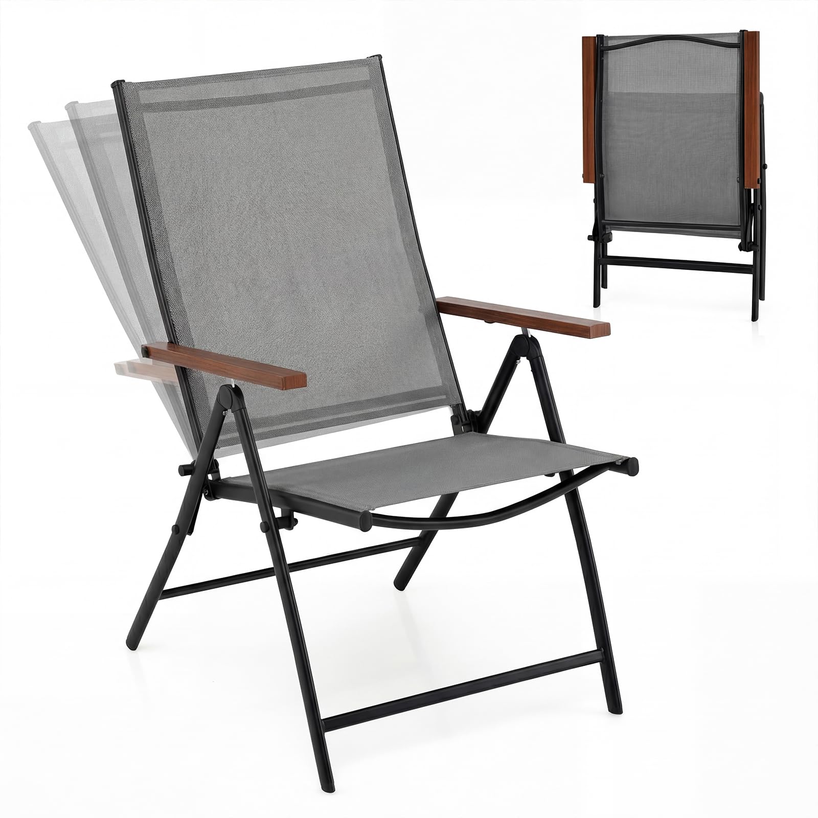 COSTWAY Folding Garden Chairs Set of 2/4, Breathable Fabric Outdoor Dining Chairs with 5-Position Adjustable Backrest & Armrests, Metal Recliner Patio Camping Chair (2, Grey, 58 ร 71 ร 100cm)