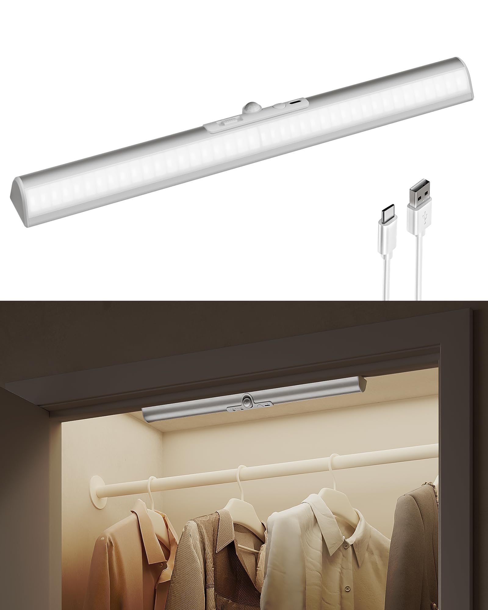EZVALO Kleiderschrank Beleuchtung Kabellos licht für innenschränke | Akku-Schrankbeleuchtung mit verstellbarem Sensor, 3 Lichtfarben & dimmbar, blendfreies Licht für Kleiderschrank, 43cm
