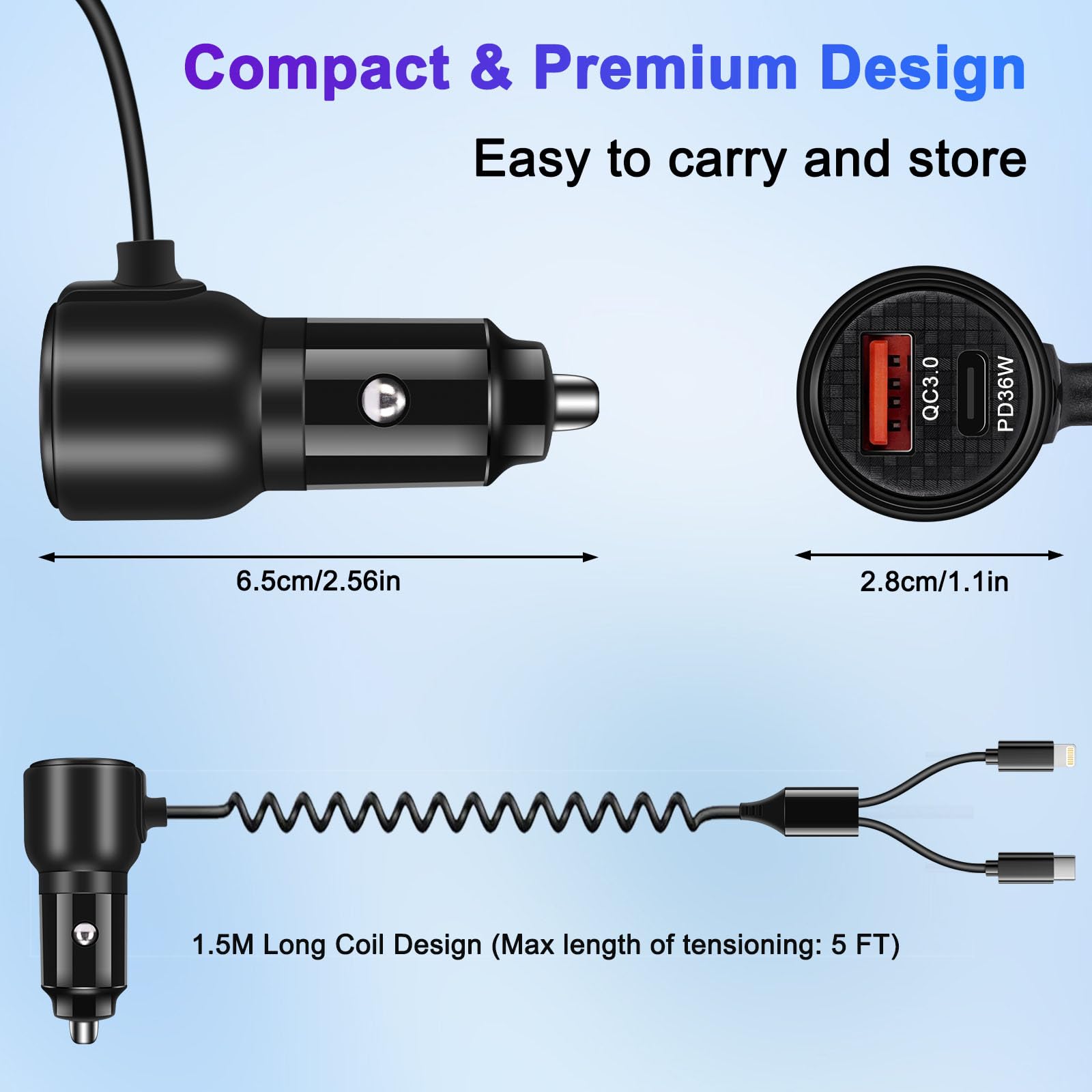 BUNUD Caricabatteria da auto USB C: 66 W, ricarica rapida, adattatore per accendisigari PD&QC3.0, doppia porta con cavo retrattile da 1,5 m, per iPhone 16/15/Galaxy S24/S23, ideale per conducenti