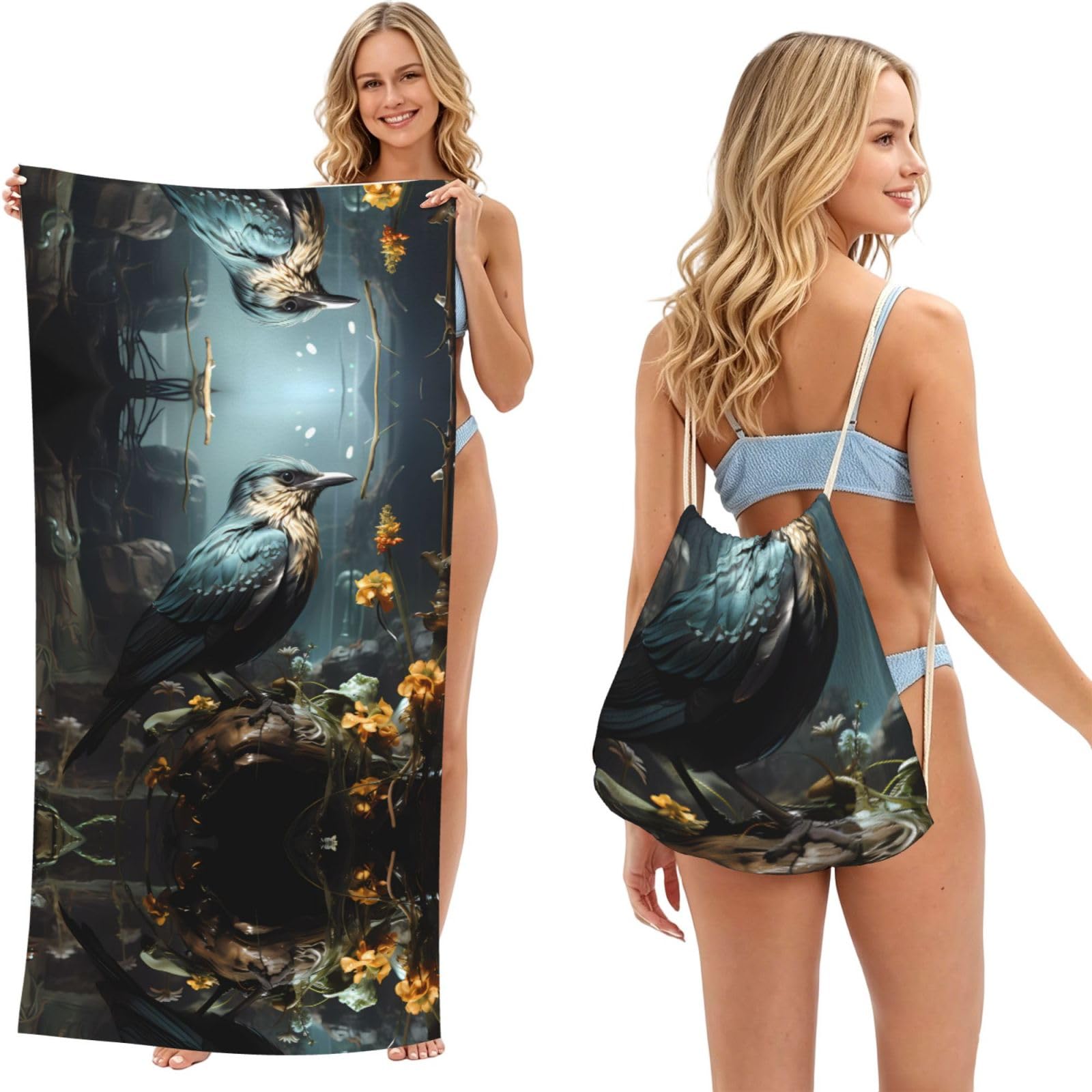 SXZVVBN Black Bird and Flower 2-in-1 Beach Towel Bag, Quick Dry Sand Free Travel Towel Backpack for Adults